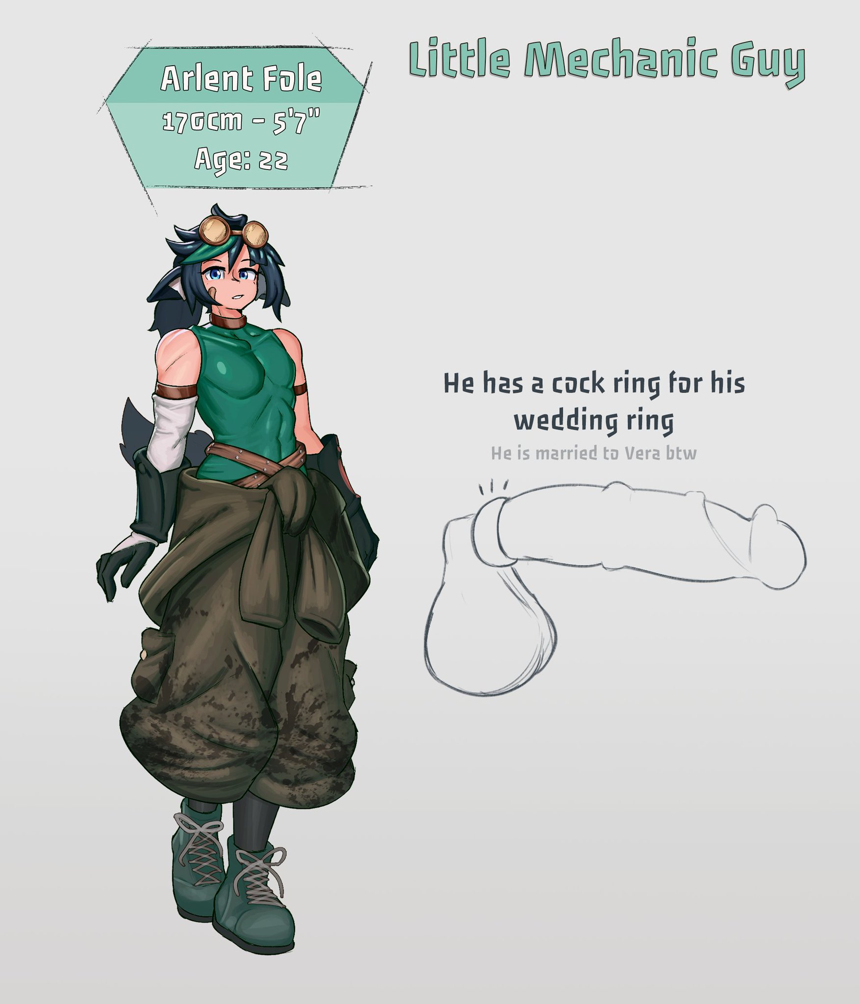 1boy, 2d, 2d (artwork), 2d artwork, arlent fole (cute birdd), clothed, clothed male, cock, cock ring, cute birdd, femboy, light skin, light-skinned male, male, male focus, male only, married, married male, mechanic, solo, solo focus, solo male, twink