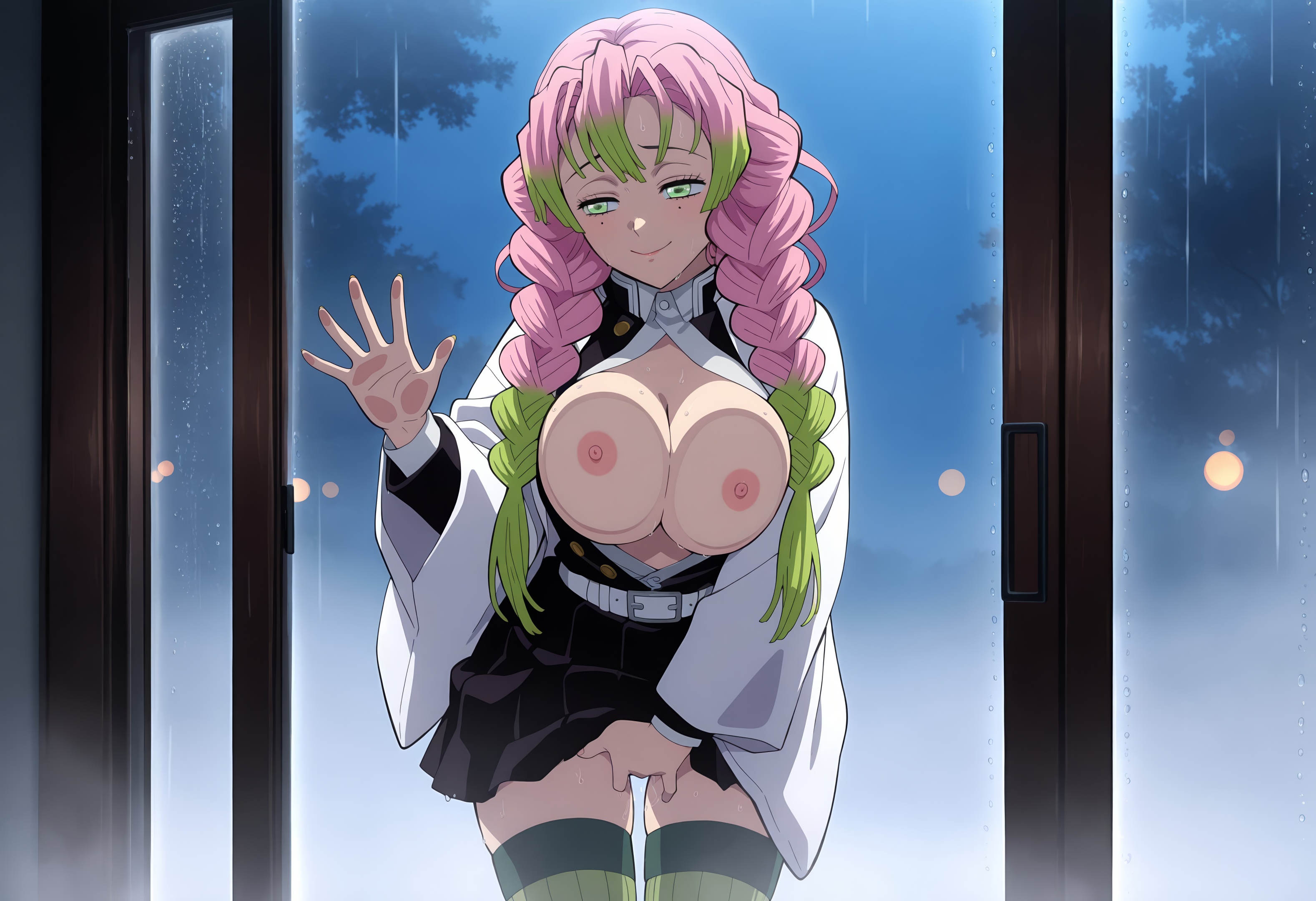 1girl, against glass, ai generated, anime, anime style, belt, big breasts, black skirt, blush, braid, breast press, breasts, breasts on glass, closed mouth, clothed masturbation, clothes lift, demon slayer, demon slayer uniform, female masturbation, fingering, gradient hair, green eyes, green hair, green thighhighs, haori, hentai, hi res, japanese clothes, kanroji mitsuri, kimetsu no yaiba, large breasts, long hair, long sleeves, masturbation, mitsuri kanroji, mole, mole under eye, multicolored hair, multiple moles, mystic maidens, night, nipples, no bra, no panties, open clothes, patreon, pink hair, pleated skirt, pussy juice, rain, ribbed legwear, skirt, skirt lift, smile, solo, standing masturbation, thighhighs, twin braids, two-tone hair
