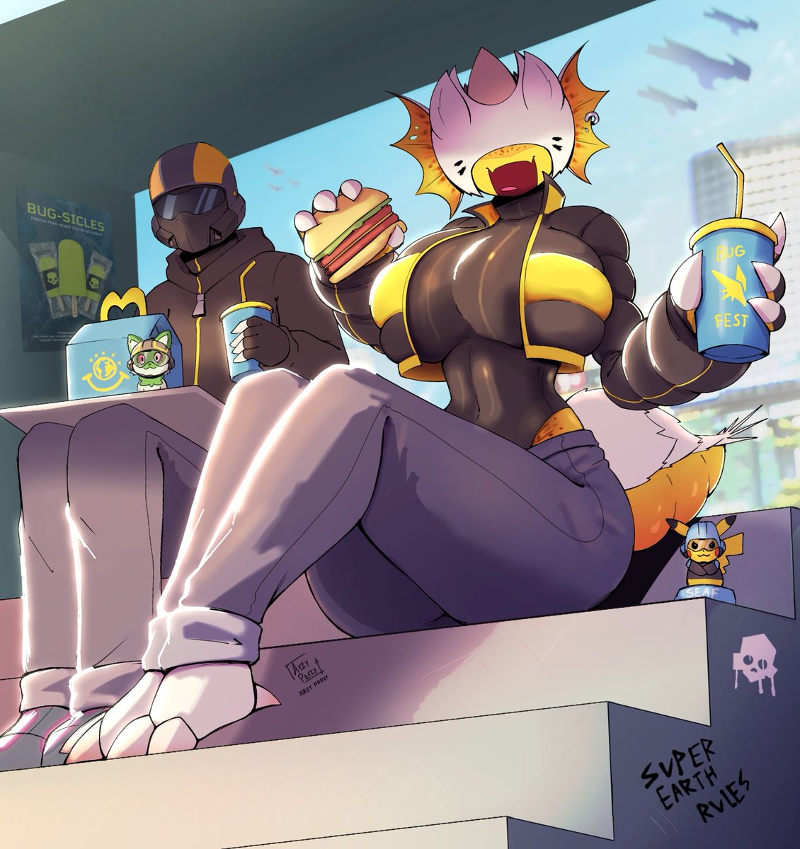 1boy, 1girls, alternate version available, arzyparzy, ass, big ass, big breasts, big butt, breasts, cat, female, helldiver (helldivers), helldivers, hunter (helldivers), hunter-chan (arzyparzy), light skin, light-skinned male, male, pikachu, pokemon, relaxing, sprigatito, tagme, terminid, toy
