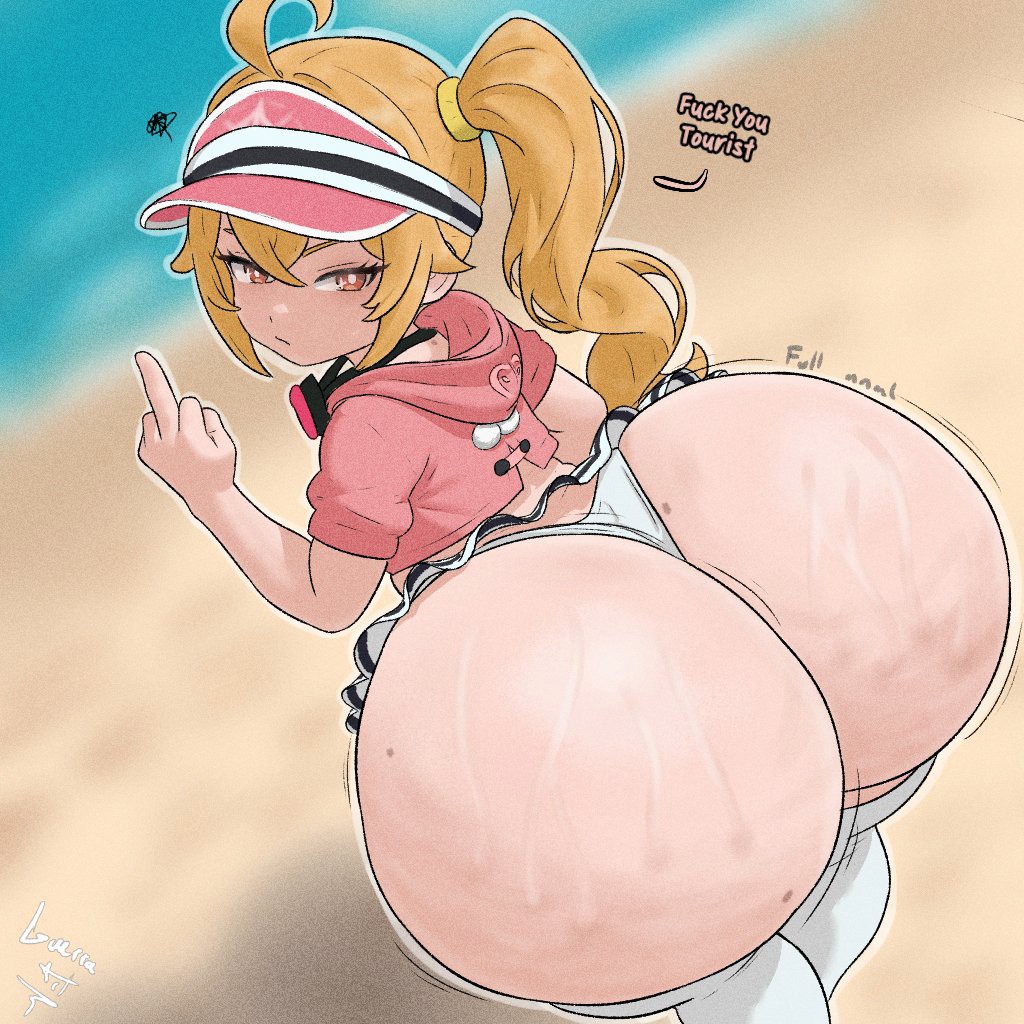 1girls, ass, big ass, big butt, blonde hair, fat ass, flipping off, gigantic ass, guerraart, highres, hoodie, huge ass, large ass, long hair, luciana de montefio, luciana de montefio (princess on holiday), microskirt, middle finger, mihoyo, miniskirt, official alternate costume, ponytail, profanity, red eyes, shortstack, skirt, solo, solo female, solo focus, thick, thick ass, thick thighs, thighs, zenless zone zero