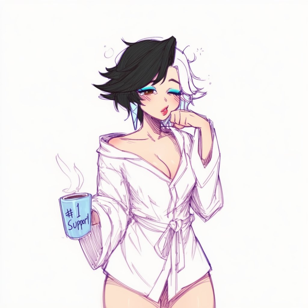 1girls, 2d, artist request, bottomless, cleavage, coffee, female, female only, fully clothed, luna snow, luna snow (marvel rivals), marvel, marvel rivals, sleepy, solo, thick thighs
