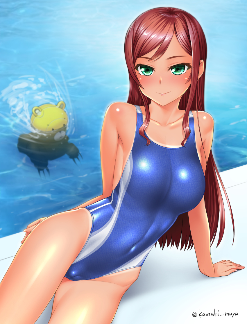 aqua_eyes beargguy_iii brown_hair cameltoe character_request female gundam gundam_build_fighters gundam_build_fighters_try kamiki_mirai kanzaki_muyu long_hair navel pointy_chin sitting solo swimsuit tan tanline tanned tight_clothes