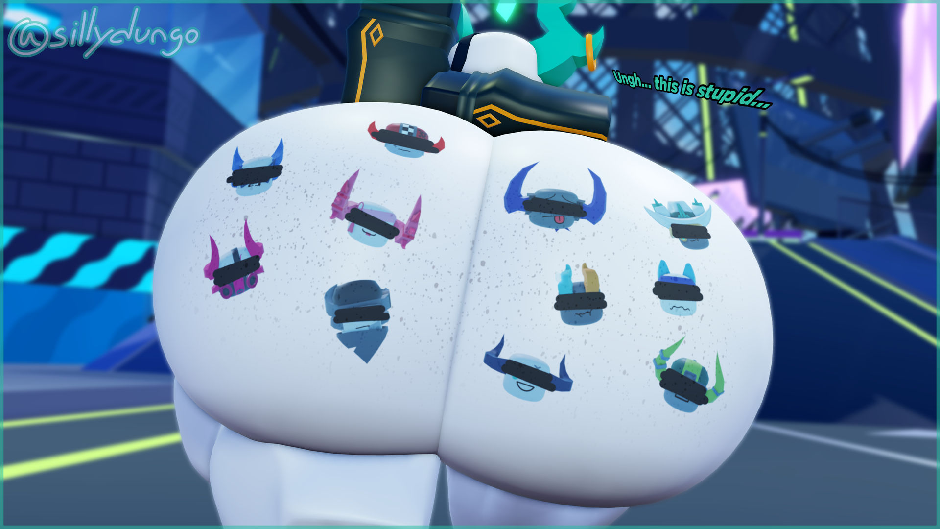 3d, alternate version available, annoyed, belly, big thighs, dialogue, horns, huge ass, hyper, male, mass vore, medkit (phighting), phighting, post-vore, roblox, robloxian, sillydungo, tattooification, vore, vore belly, white body