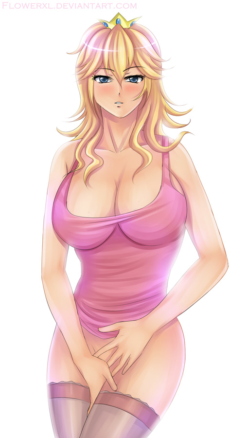 blonde hair, blue eyes, blush, bottomless, breasts, cleavage, covering, covering crotch, crown, eyelashes, female, female only, flowerxl, human, long hair, looking at viewer, mario (series), nintendo, parted lips, princess peach, simple background, solo, standing, thighhighs, white background