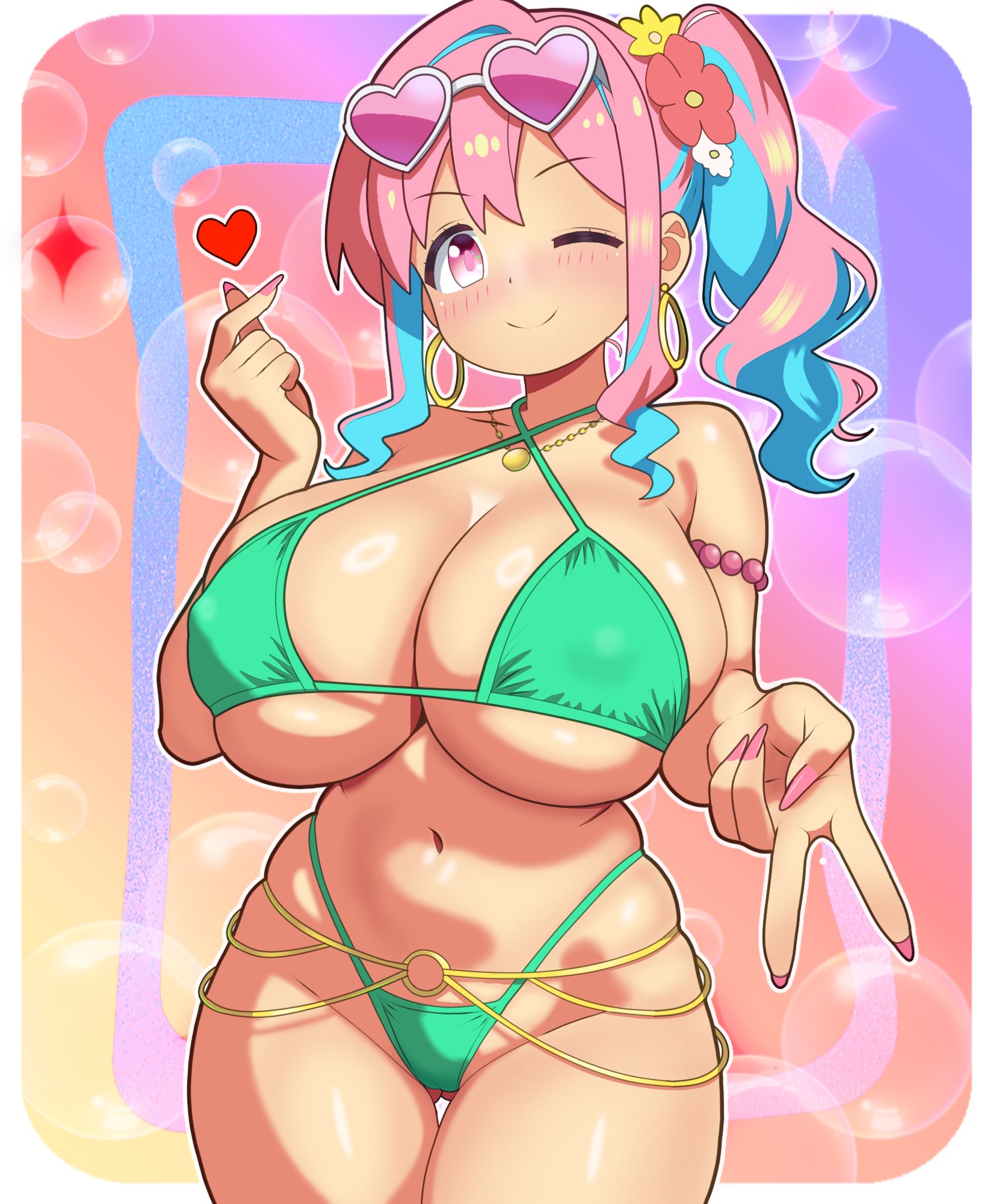 2d, 2d (artwork), 2d artwork, big breasts, bikini, blush, gyaru, heart, heart sign, heart symbol, hozuki kaede, huge breasts, large breasts, massive breasts, nipple bulge, onii-chan wa oshimai!, painted nails, peace sign, pink eyes, pink hair, pink nails, sexy, sexy body, sexy female, sunglasses, sunglasses on head, swimsuit, thick, thick hips, thick legs, thick thighs, wink, winking at viewer