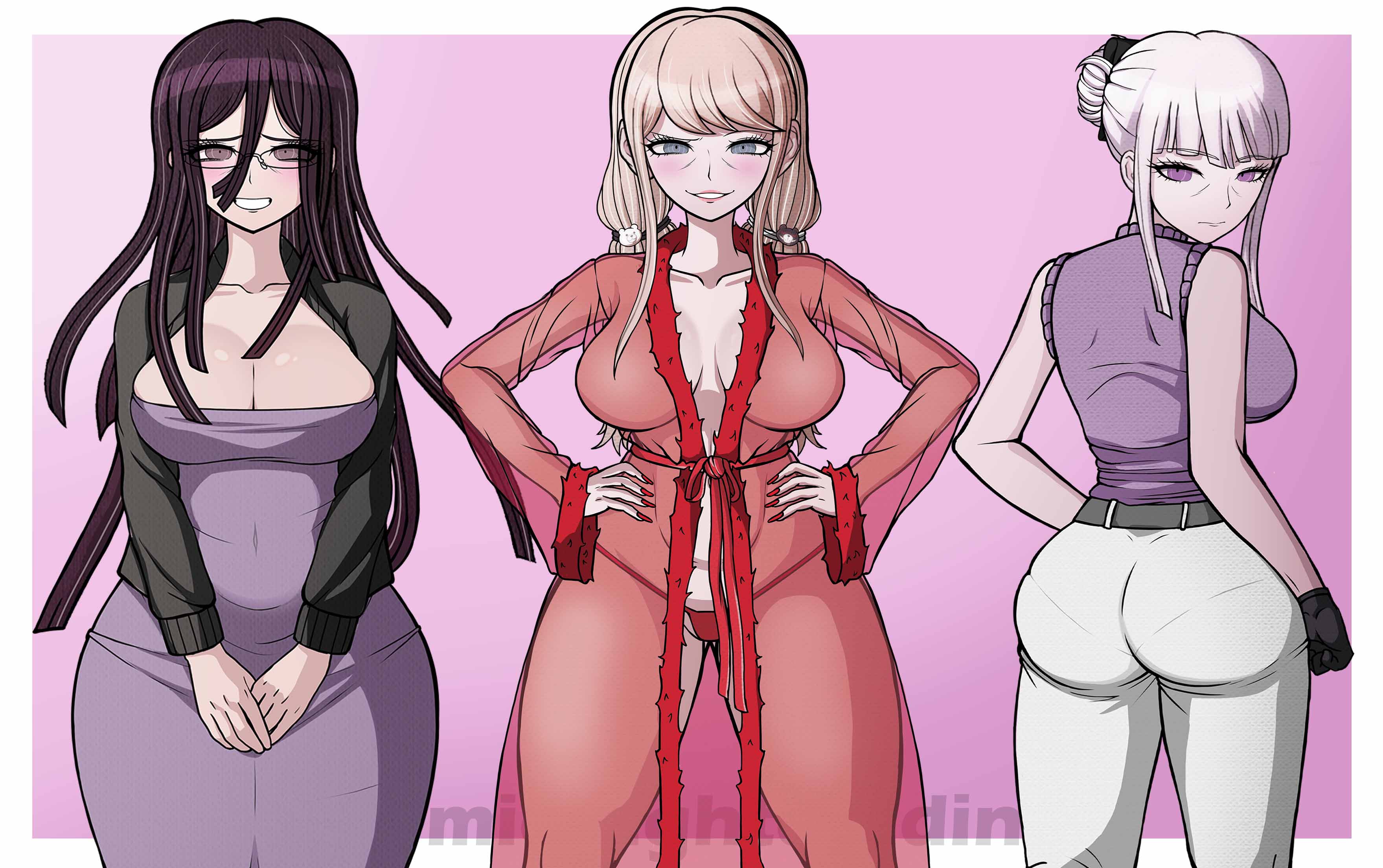 3girls, ass, blonde female, danganronpa, danganronpa: trigger happy havoc, glasses, hair ornament, hair up, junko enoshima, kirigiri kyouko, middinos, midnightdindins, milf, milfs, mom jeans, mommy, see-through clothing, sprite, sprite art, sprite edit, tsumiki mikan, wrinkles