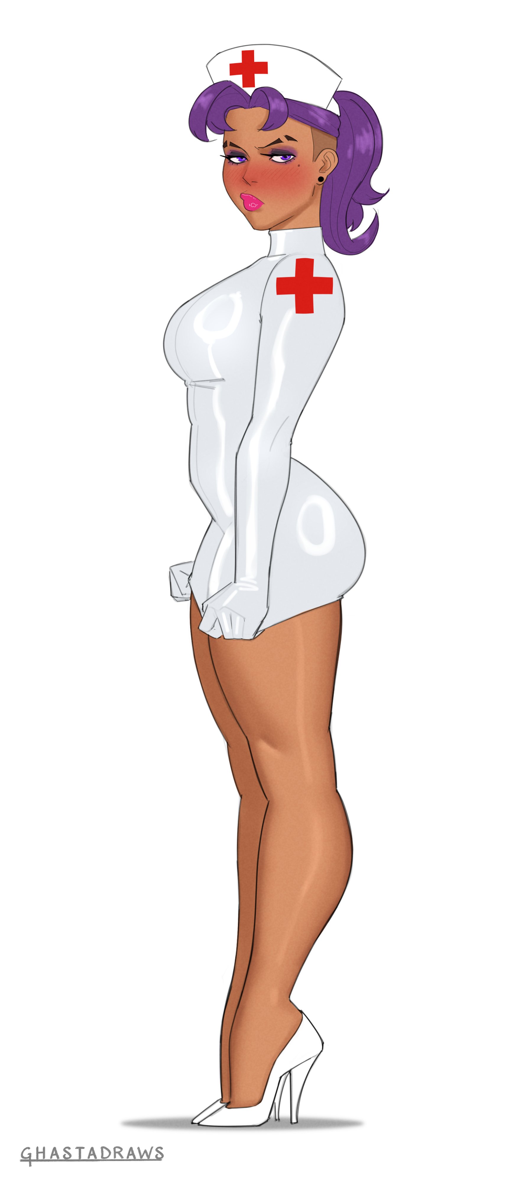ass, athletic, athletic female, big ass, big butt, bubble ass, bubble butt, butt, fat ass, fat butt, ghasta, high heels, large ass, large butt, latex, latex clothing, nurse, nurse cap, nurse uniform, overwatch, purple eyes, purple hair, small waist, sombra, tight clothing, toned, toned female