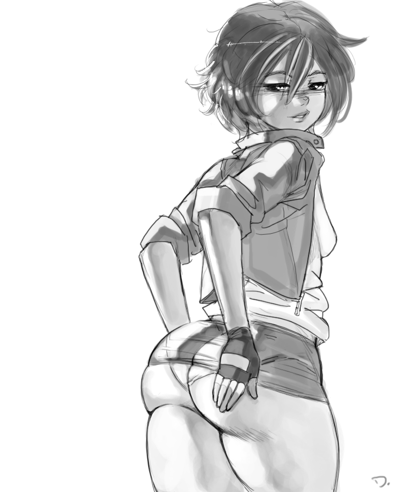 1girls, asian, ass, big ass, big butt, big hero 6, curvy, d. (artist), disney, female, female only, go go tomago, gogo tomago, huge ass, human, large ass, looking back, marvel, marvel comics, monochrome, short hair, solo, standing, thick thighs, wide hips