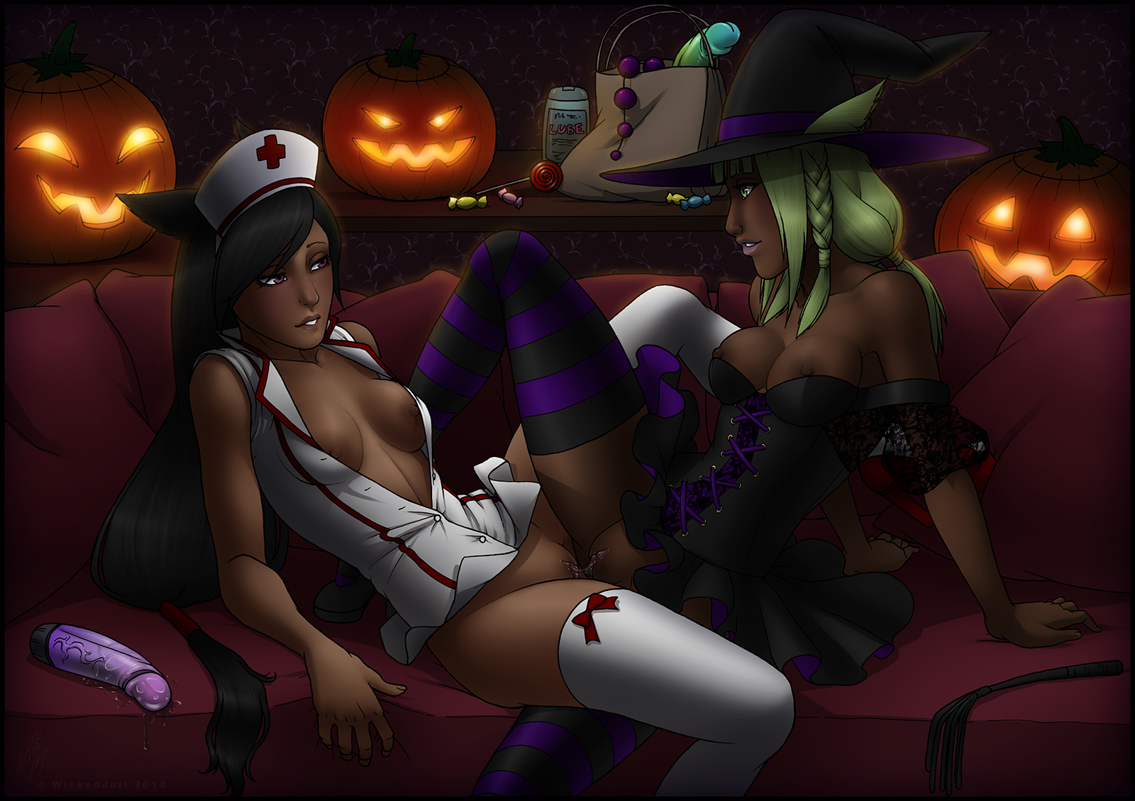 2girls, animal ears, black hair, blonde hair, breasts, brown eyes, cat ears, cat girl, catgirl, corset, dark skin, dildo, female, final fantasy, final fantasy xiv, frottage, halloween, hat, jack-o'-lantern, large breasts, long hair, medium breasts, miqo'te, multiple females, multiple girls, nipples, nurse, nurse cap, open clothes, partially clothed, pussy, pussy juice, sex toy, sitting, striped, striped legwear, thighhighs, tribadism, uncensored, wickedj, witch hat, yellow eyes, yuri