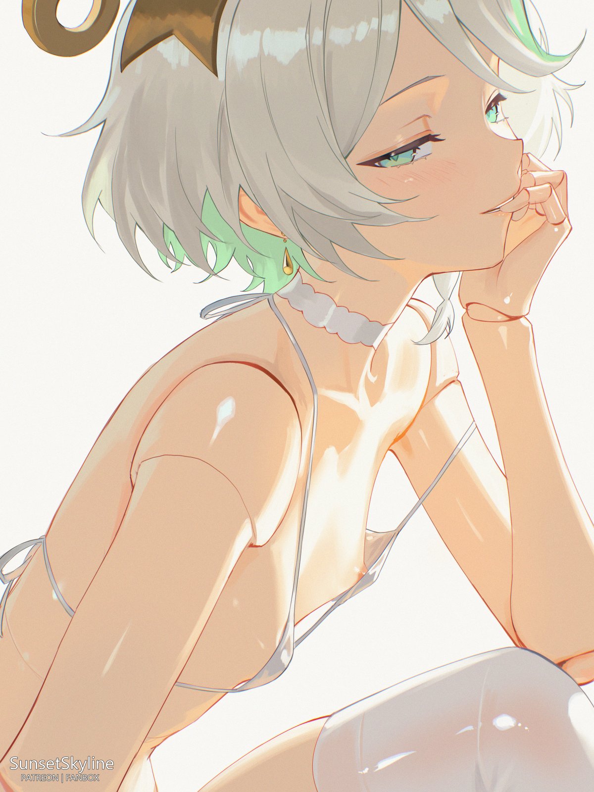 1girls, alternate version available, bikini top, blush, breasts, cecilia immergreen, choker, close-up, doll, doll joints, female, female only, flat chest, green eyes, hololive, hololive english, hololive english -justice-, looking at viewer, nipple slip, nipples, one breast out, short hair, small breasts, strap slip, sunsetskyline, thighhighs, upper body, virtual youtuber, wardrobe malfunction, white hair, wind-up key