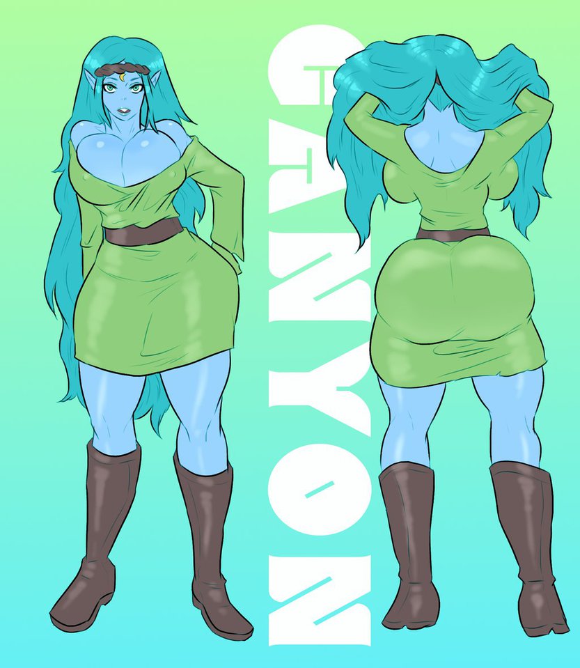 adventure time, ass, back view, belt, blue hair, blue skin, boots, breasts, buck teeth, canyon (adventure time), cleavage, clothed, clothing, curvy, english text, female, female only, footwear, green eyes, headband, higher resolution available, huge ass, huge breasts, humanoid, jay-marvel, long hair, open mouth, pointy ears, solo, text, thick thighs, voluptuous, wide hips