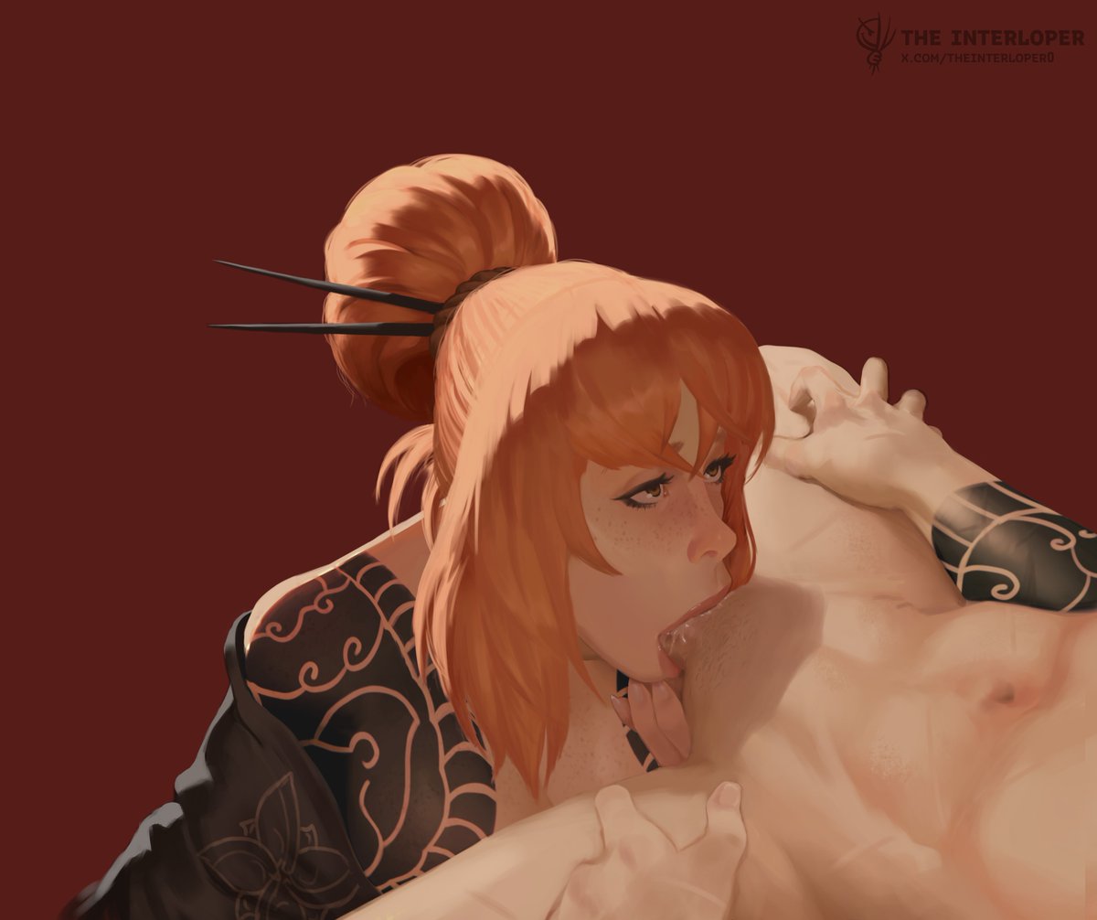 1boy, 1girls, all the way to the base, artist name, balls deep, blowjob, blush, calm, commission, cum, cum in mouth, deepthroat, expressionless, eyelashes, fellatio, freckles, freckles on breasts, freckles on face, gripping thighs, heathcliff (limbus company), ishmael (limbus company), japanese clothes, kimono, kurokumo clan (identity) (project moon), kurokumo clan captain ishmael (limbus company), large breasts, light skin, light-skinned female, light-skinned male, limbus company, lips, long hair, looking at partner, muscular male, nail polish, nails, navel, open clothes, open kimono, orange hair, project moon, simple background, tattoo, testicle grab, testicles, the interloper, throat bulge, throat fuck, throat penetration, tied hair, yakuza tattoo