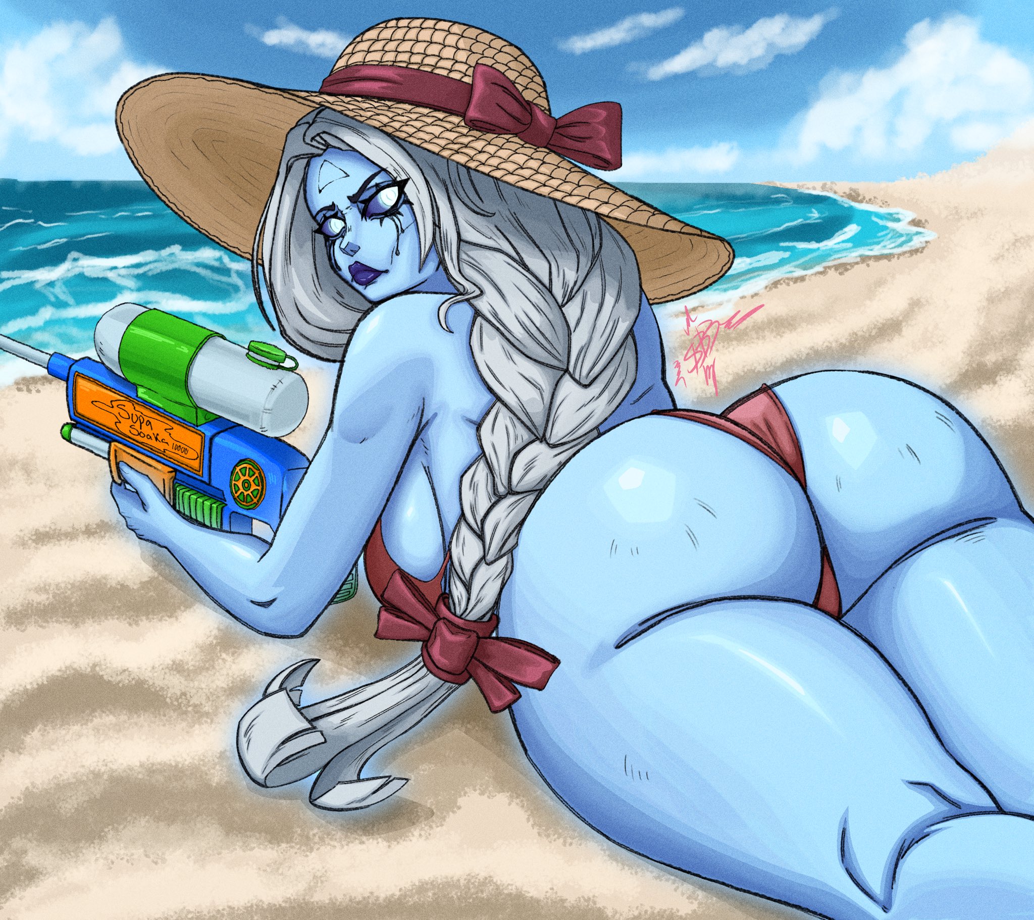 1girls, 2d, 2d (artwork), ass, ass focus, beach, blue body, blue skin, braided hair, deadlock, deadlock (game), lipstick, solo, strawberryblood, swimsuit, valve, video game character, vindicta (deadlock), white hair