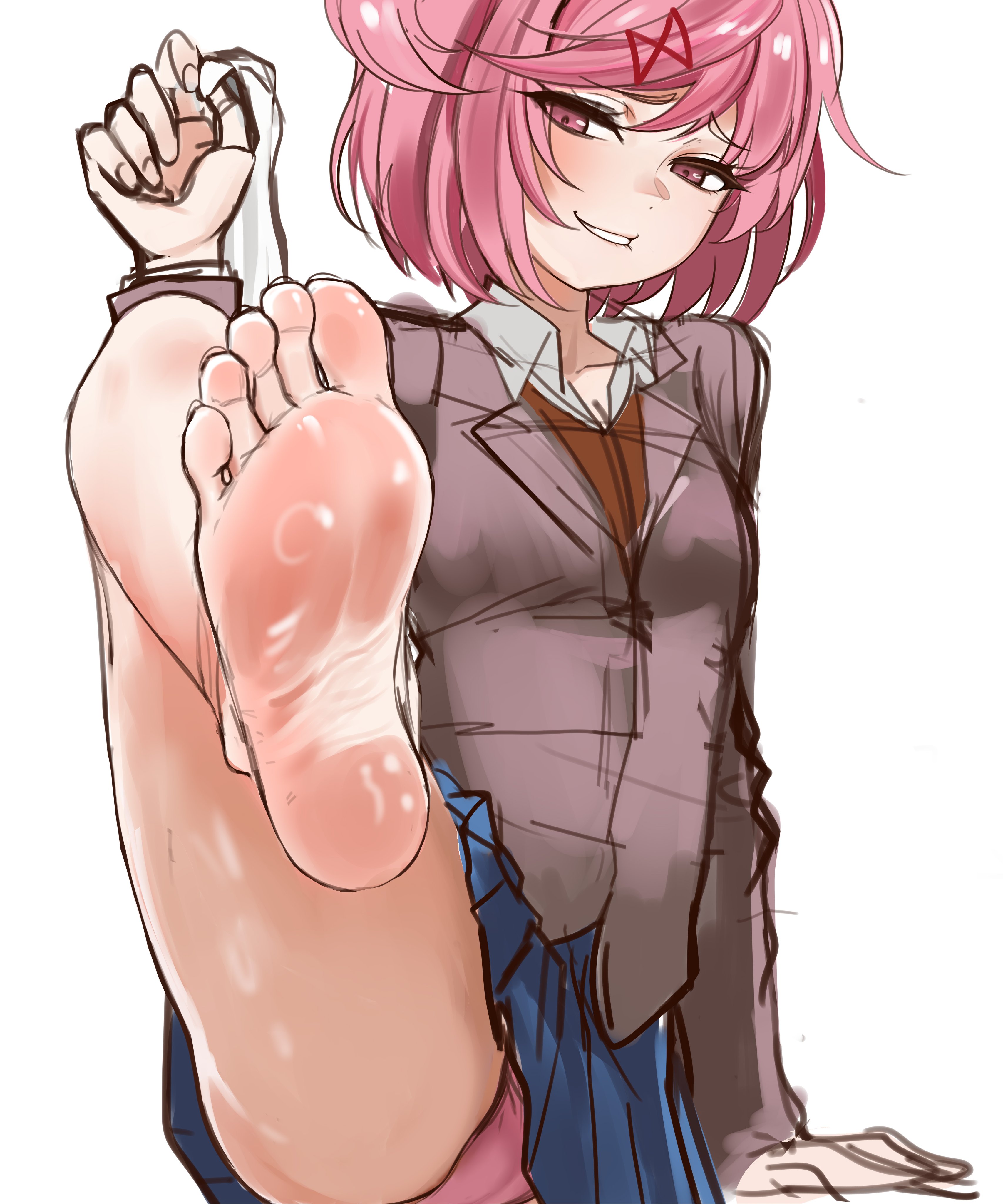 1girl, absurdres, artist request, barefoot, cameltoe, cute, ddlc, doki doki literature club, doki doki literature club!, feet, highres, jpeg, light blush, looking at viewer, medium hair, natsuki (doki doki literature club), panties, pantyshot, parted lips, pink eyes, pink hair, pink panties, pretty, questionable, serenity forge, single sock, smile, socks, soles, spread legs, team salvato, toes, underwear, unworn socks, upskirt