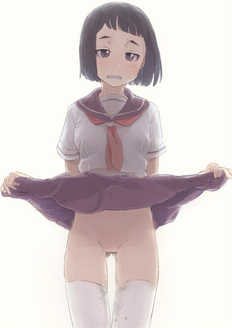 black_hair brown_eyes dark_hair female hayyan no_panties no_panties_under_skirt no_pussy original peeing_on_self sailor_uniform school_uniform serafuku short_hair short_sleeves simple_background skirt skirt_lift solid_color_background solo thighhighs topwear urine_on_thighs white_background white_legwear white_thighhighs