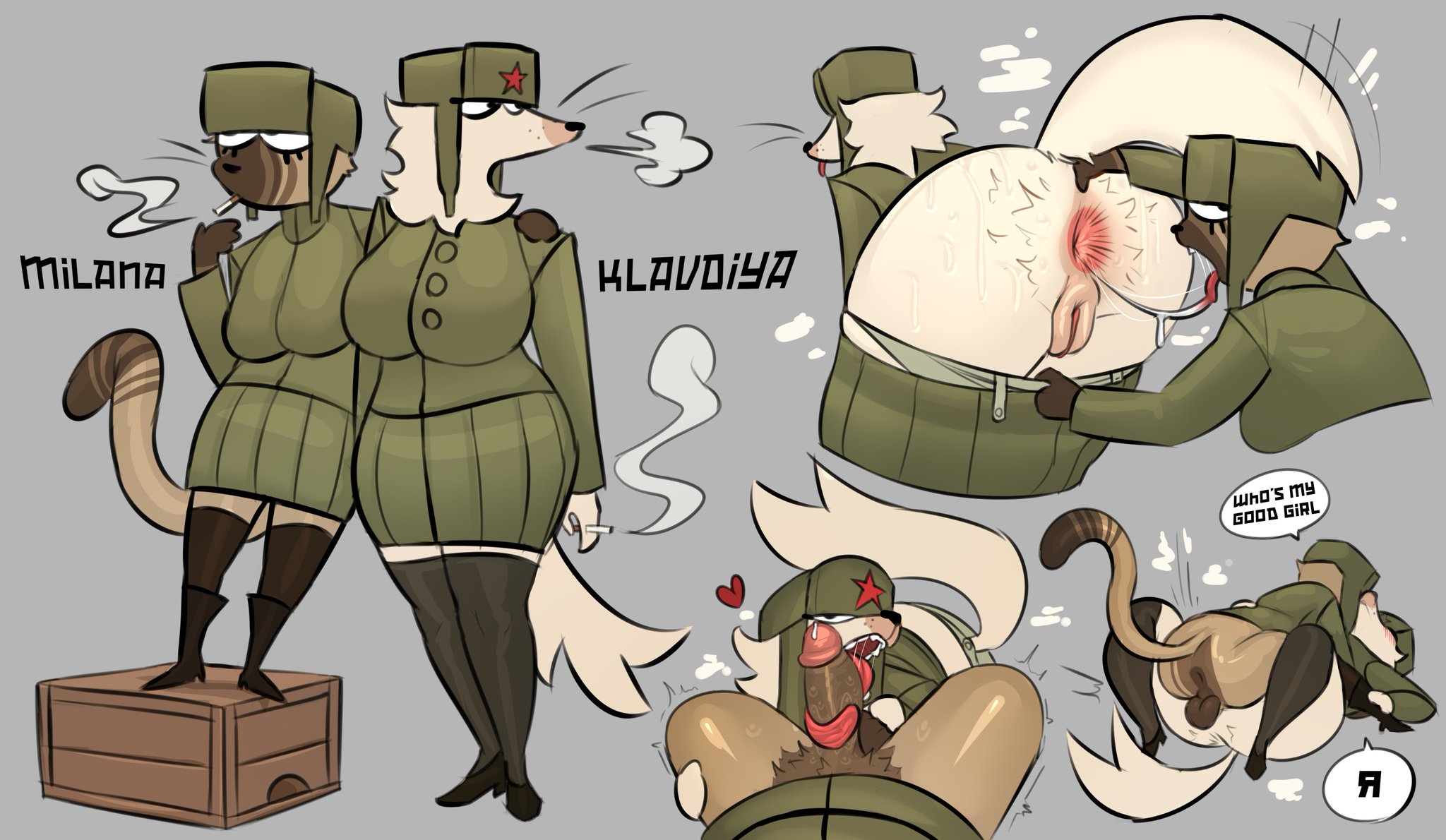 1futa, 1girls, after rimming, anal, anal penetration, anal sex, anthro, anthro on anthro, anus, balls, bare ass, bare pussy, blowjob, borzoi, bottomless, bottomless gynomorph, butt, butt tuft, canine, cat, cigarette, dog, english text, eyelashes, feline, fellatio, female, furry, futanari, gynomorph, gynomorph/female, heart, humanoid genitalia, humanoid penis, iamapoliceman, jacket, klaudiya (iamapoliceman), leggings, milana (iamapoliceman), military, military hat, military uniform, musk, musk clouds, open mouth, oral, oral sex, panties down, precum, pussy, russian, russian female, saliva, saliva trail, sex, shows, size difference, skirt, skirt down, smaller female, smoking, smoking cigarette, tail, taller female, ushanka