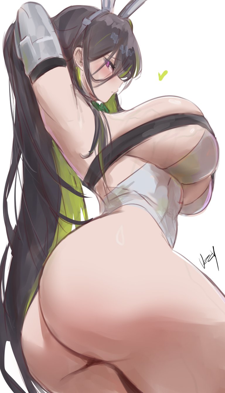 1girls, animal ear hairband, animal ears, ass, ass focus, black hair, breasts, colored inner hair, commentary, english commentary, fake animal ears, goddess of victory: nikke, green hair, guilty (mighty bunny), guilty (nikke), hairband, highres, large breasts, leotard, looking at viewer, multicolored hair, official alternate costume, rabbit ear hairband, rabbit ears, signature, simple background, solo, strapless, strapless leotard, uzzy2801, veiny breasts, white background, white leotard