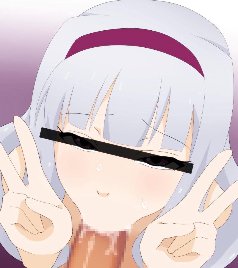 1boy :>= blush censored double_v erection fellatio female hair hairband identity_censor idolmaster looking_at_viewer looking_up oral penis pink_eyes pov pov_eye_contact saliva shijou_takane shirogane813 silver_hair sweat v yamaneko_(shirogane813)