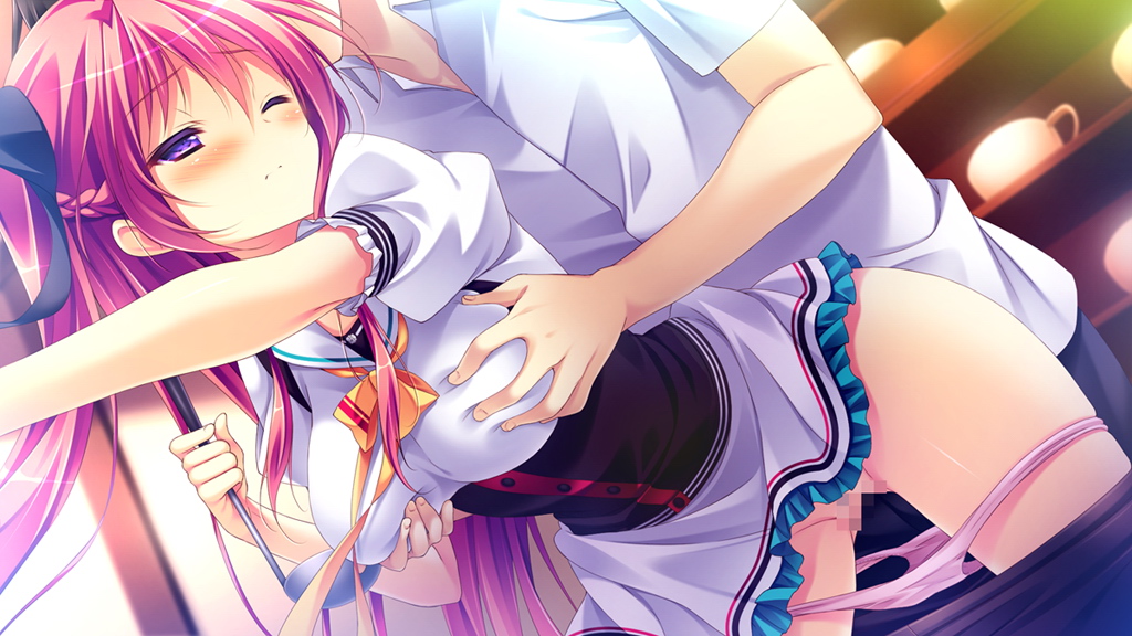 blush breast_grab breasts censored female game_cg kanojo_ga_ore_ni_kureta_mono._ore_ga_kanojo_ni_ageru_mono. kojima_neneko large_breasts long_hair mosaic_censoring onomatope panties pink_panties purple_eyes pussy red_hair school_uniform shiratama underwear uniform wince