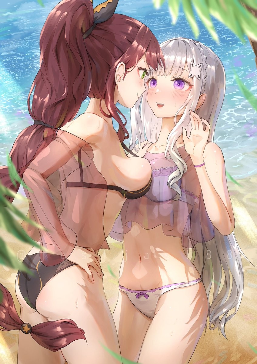 ///, 2d, 2d (artwork), 2d artwork, 2girls, adult, adult female, anime, anime character, armpits, back shot, back view, backboob, bare armpits, bare arms, bare belly, bare chest, bare hands, bare hips, bare legs, bare midriff, bare navel, bare shoulders, bare skin, bare thighs, beach, beach background, beach setting, behind view, belly, belly button, big boobs, big breasts, black bra, black panties, black underwear, blue pupils, blush face, blush lines, blushing, blushing at another, blushing at partner, blushing female, blushing lines, bra, braid, braided hair, braided ponytail, braids, breast press, breast press on chest, breast squeeze, breasts, breasts press, breasts pressed against another, breasts pressed against partner, breasts pressed together, brown hair, brown-haired female, busty, busty female, busty girl, closed mouth smile, collarbone, day, daylight, daytime, digital, digital art, digital drawing, digital drawing (artwork), digital media, digital media (artwork), drawing, duo, elbows, elf, elf ear, elf ears, elf female, elf girl, emilia (re:zero), exposed armpits, exposed arms, exposed belly, exposed chest, exposed hips, exposed legs, exposed midriff, exposed navel, exposed shoulders, exposed skin, exposed thighs, eye-level view, eyebrows visible through hair, fanart, female, female focus, female only, female protagonist, fingers, flushed, flushed cheeks, flushed face, frilled bra, frilled panties, frilled underwear, from back, from behind, from behind angle, from behind view, from front, front view, glistening boobs, glistening breasts, glistening hair, glistening shoulders, glistening skin, glossy breasts, glossy hair, gluteal fold, green eyes, green-eyed female, groin, half elf, hand on hip, hand on own hip, humanoid, inframammary fold, justjast88, large boobs, large breasts, lean figure, leg out of frame, legs out of frame, long hair, looking down, looking down at another, looking up, looking up at another, manga character, matching underwear, mature, mature female, mature woman, midriff, multiple females, multiple girls, nape, narrow waist, navel, non human, ocean background, open mouth, outdoor, outdoor background, outdoor nudity, outdoors, outside, outside nudity, panties, parted lips, pointy ears, portrait, pressing breast on partner, pressing breasts, pressing breasts together, profile, purple eyes, purple-eyed female, pushing breasts together, pushing breasts up, re:zero kara hajimeru isekai seikatsu, rear view, ribbon panties, rubbing breasts, scorpion tail hair braid, sea, sea background, seaside, shaula (re:zero), shiny breasts, shiny hair, shiny shoulders, shiny skin, shoulders, sideboob, silver hair, silver hair female, silver-haired female, single braid, slender body, slender waist, slim female, slim waist, smile, smiley face, smiling, smiling at another, smiling at partner, squeezing breast, squeezing breasts, squeezing breasts together, standing, summer setting, thighs, thighs out of frame, three quarter view, three-quarter view, tied hair, tongue, top view, touching hip, underwear, underwear only, upper body, upper teeth, very long hair, very long hair female, white bra, white fox (studio), white panties, white underwear, woman