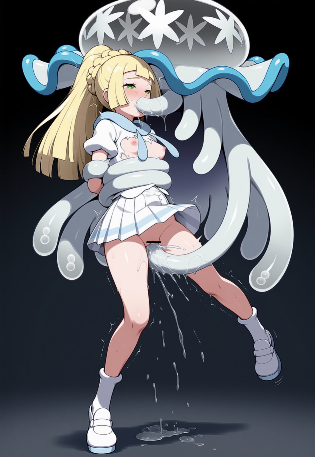 1girls, ai generated, arms behind back, blonde hair, breasts, breasts out, clothed sex, fellatio, functionally nude, green eyes, lillie (pokemon), nihilego, parkinson (ai artist), partially clothed, pokemon, pokemon sm, pokephilia, ponytail, pussy, pussy juice, rape, restrained, restrained arms, restrained by tentacles, sex, skirt, tears, tentacle, tentacle in mouth, tentacle in pussy, tentacle rape, tentacle sex, tentacles around arms, torn clothes, torn shirt, ultra beast, white skirt