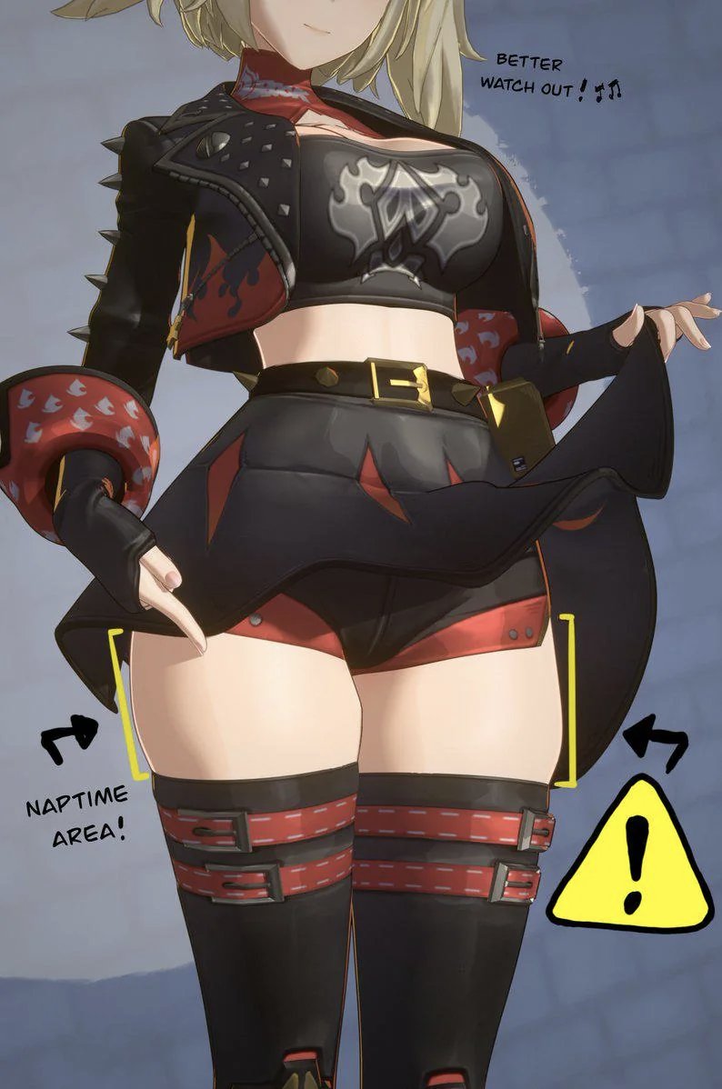 absolute territory, anime girl, anime style, artist name, artist request, bare legs, bare thighs, blonde female, blonde hair, burnice white, caucasian, caucasian female, gloves, hoyoverse, jacket, large ass, large breasts, large thighs, nezky11, open jacket, peeking, pointing at, skirt, skirt lift, stockings, thick thighs, top, white body, white skin, zenless zone zero, zettai ryouiki
