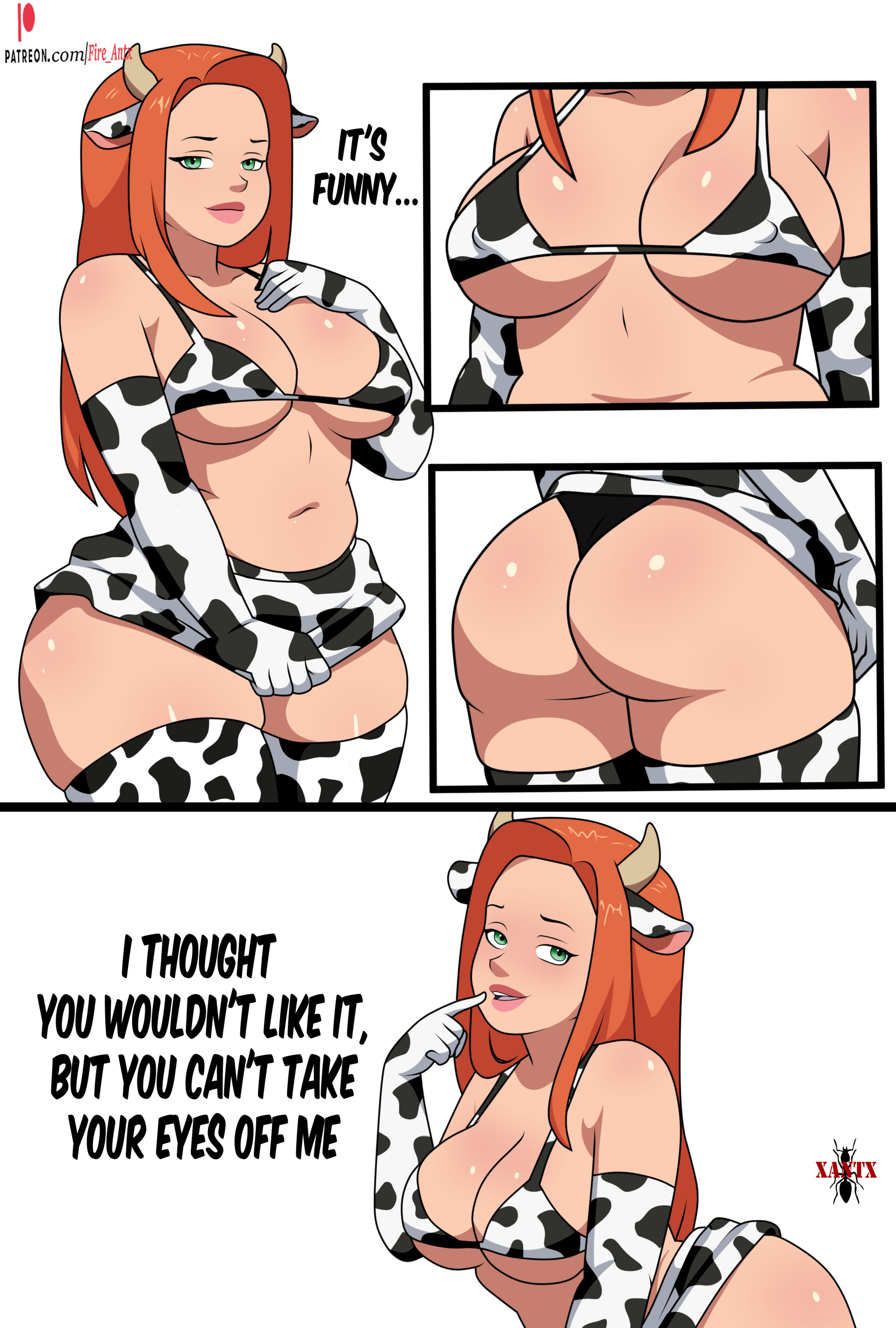 atom eve, chubby, comic, cow print, elbow gloves, fire antx, green eyes, invincible, invincible (tv series), lingerie, microskirt, red hair, self upload, thighs, thong
