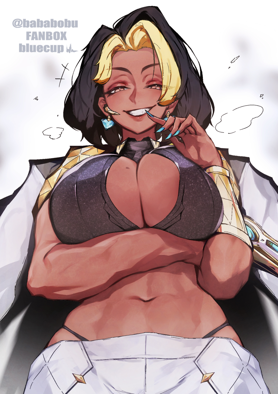 absurd res, black hair, blonde hair, bluecup, boobs, breasts, dark skin, dark-skinned female, domina, earrings, fit, fit female, jacket, jacket open, large breasts, looking at viewer, looking down, navel, overwatch, overwatch 2, panties, skirt, slim waist, smile, tagme, thong straps, tight clothing, topwear, viewed from below, voluptuous, wide hips, yellow eyes