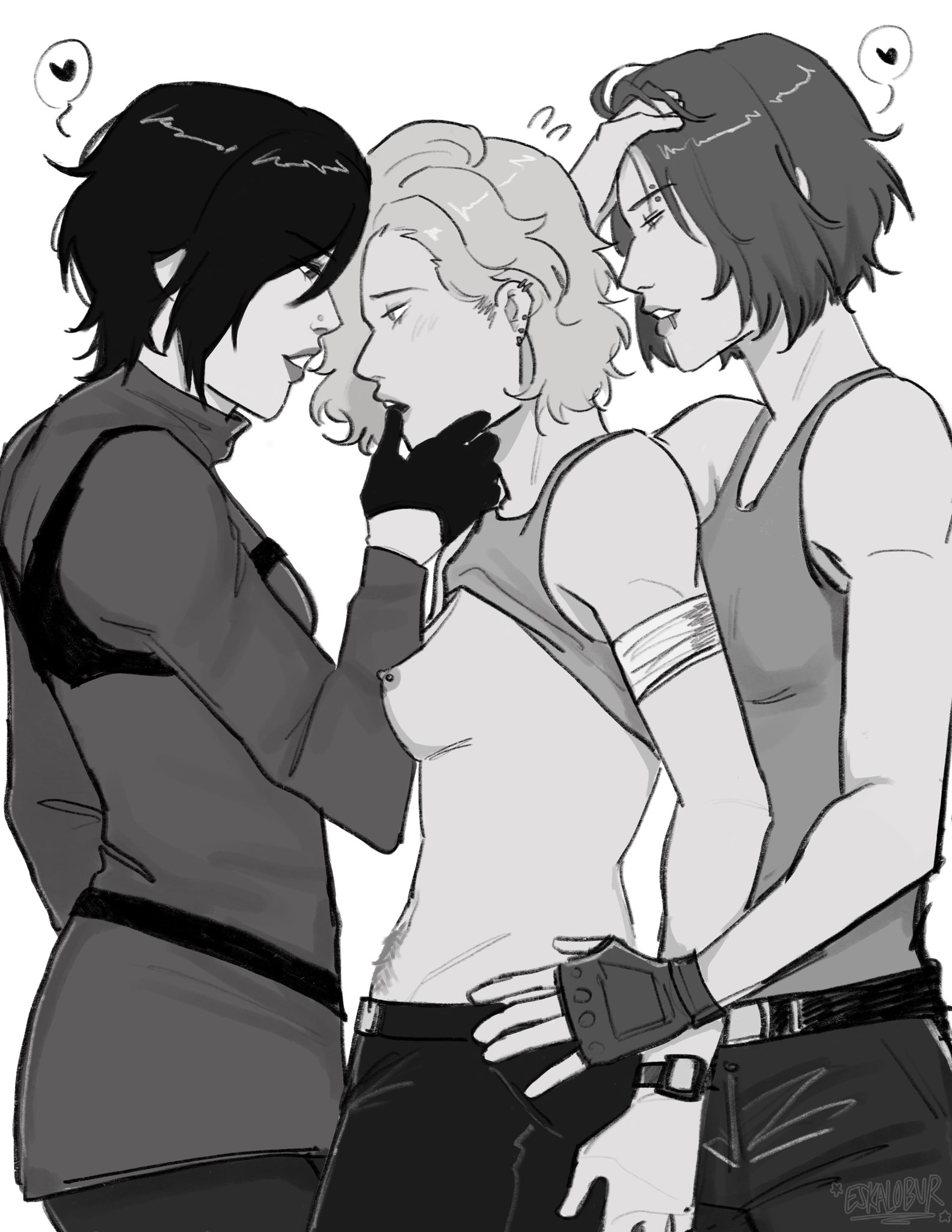 3girls, ada wong, bandaged arm, bandages, biohazard, black gloves, black hair, blonde hair, blonde pubic hair, blood stain, breasts, brown hair, bush, capcom, clothed, clothed female, commission, ear piercing, eskalobur, eyebrow piercing, female, female only, female pubic hair, finger in another's mouth, finger to mouth, fingerless gloves, girl sandwich, gloves, grabbing another's head, grabbing head, grabbing hips, grace ashcroft, hand on head, hands on hips, happy trail, head grab, headgear, heart, hip grab, hips, jill valentine, leather gloves, lesbian, lip piercing, messy hair, multiple girls, nipple piercing, nipples, pierced nipples, piercings, pubes, pubic hair, resident evil, resident evil 3, resident evil 3 remake, resident evil 4, resident evil 4 remake, resident evil 9: requiem, sandwiched, short hair, slim, slim female, slim waist, small breasts, tank top, tank top lift, text bubble, thin female, thin waist, threesome, yuri