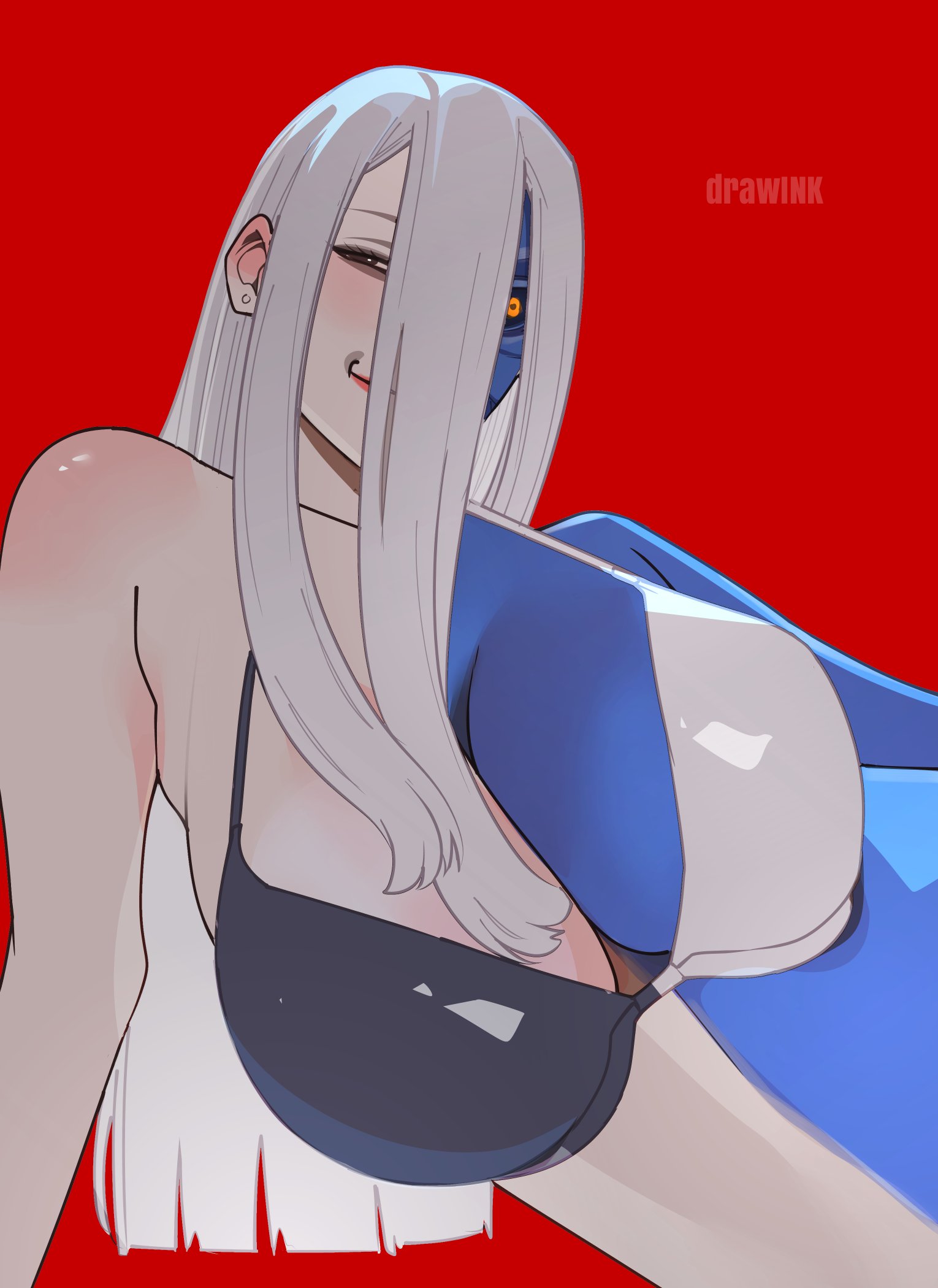 absolute dc, absolute two-face, bare shoulders, batman (series), black sclera, blue body, breasts, brown eyes, cleavage, dc comics, drawink, earrings, genderswap, genderswap (mtf), hair over face, harvey dent, large breasts, long hair, lying, lying on side, pale skin, pale-skinned female, rule63, sensual, slim waist, smile, tagme, two-face, underwear, white hair, white sclera, yellow eyes
