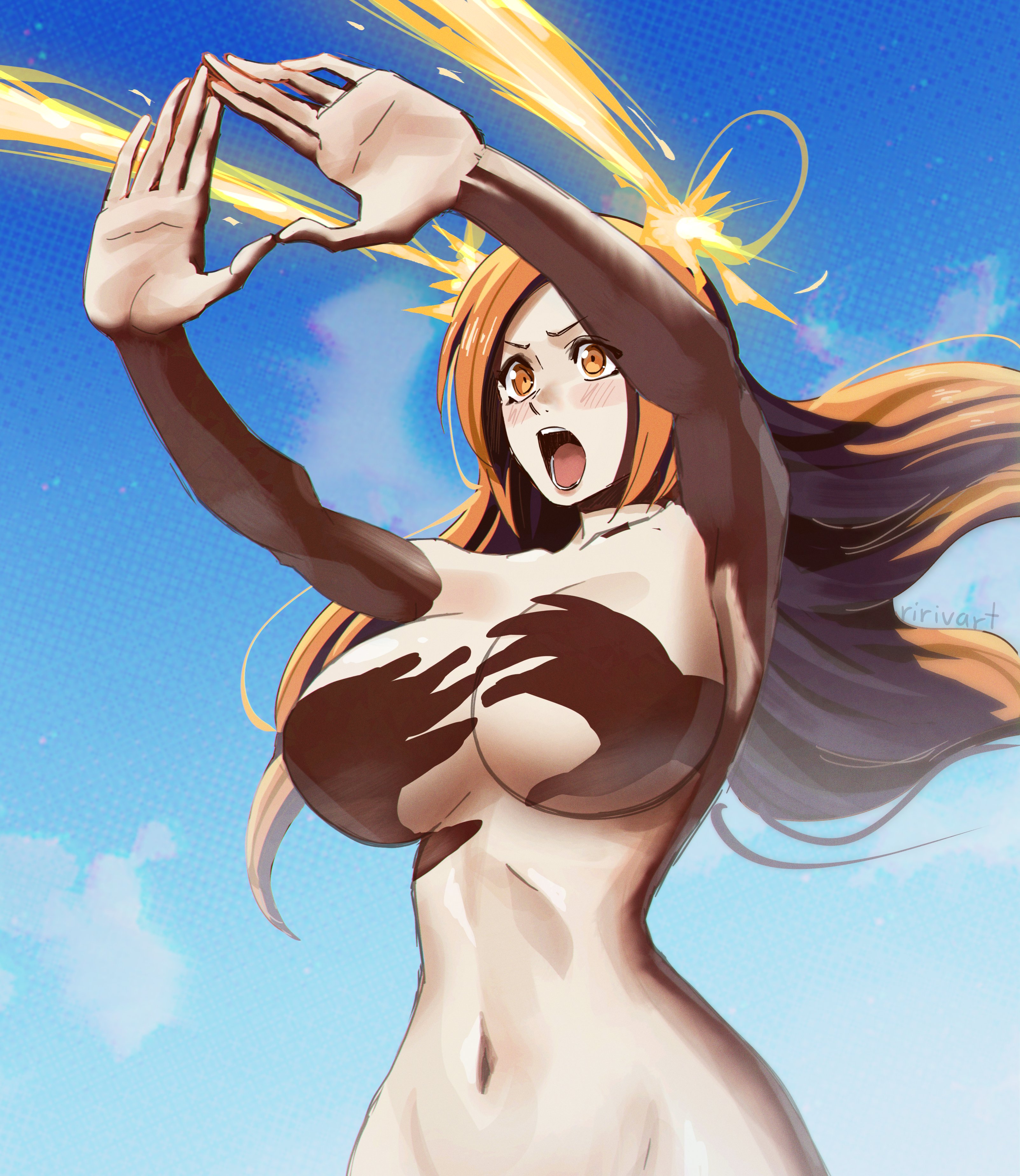 2d, big breasts, bleach, breasts, busty, female, female focus, female only, hands casting shadow, hourglass figure, inoue orihime, large breasts, long hair, meme, navel, nude, nude female, nudity, red hair, ririvart, slim, slim female, slim waist, tagme, wide hips