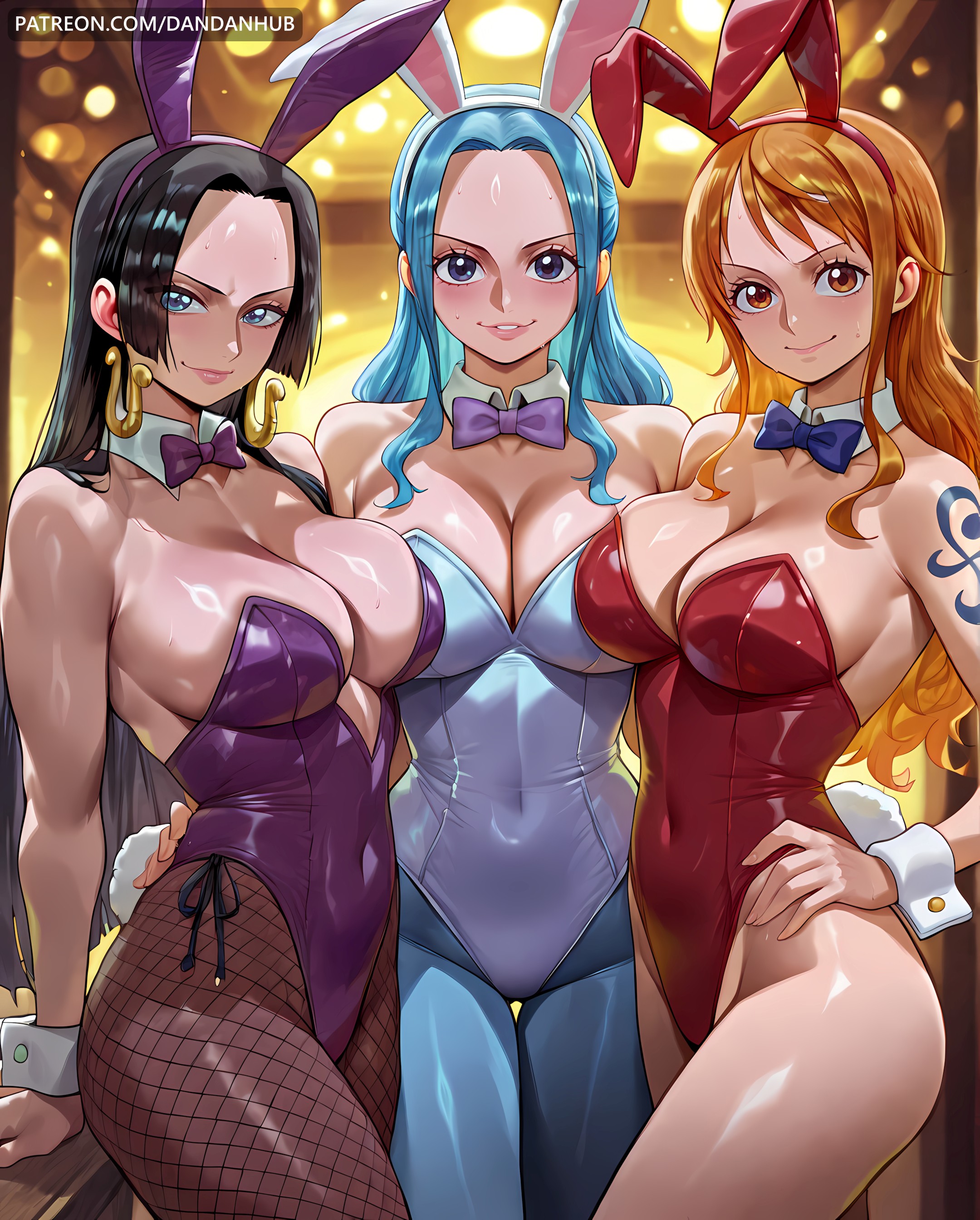 3girls, ai generated, animal ears, arm tattoo, bangs, bare shoulders, black hair, black-haired female, blue eyes, blue hair, blue leotard, blue pantyhose, blue tattoo, blue-haired female, blush, boa hancock, bow, bowtie, breasts, bunnysuit, cleavage, closed mouth, collarbone, covered navel, cowboy shot, dandanhub, detached collar, earrings, fake animal ears, female, female only, fishnets, forehead, hand on hip, highleg, highleg leotard, jewelry, large breasts, leotard, long hair, looking at viewer, multiple girls, nami (one piece), nefertari vivi, one piece, orange eyes, orange hair, orange-haired female, pantyhose, purple bow, purple bowtie, purple leotard, rabbit ears, rabbit tail, red leotard, shiny, shoulder tattoo, smile, strapless, strapless leotard, sweat, tail, tattoo, white leotard, wrist cuffs