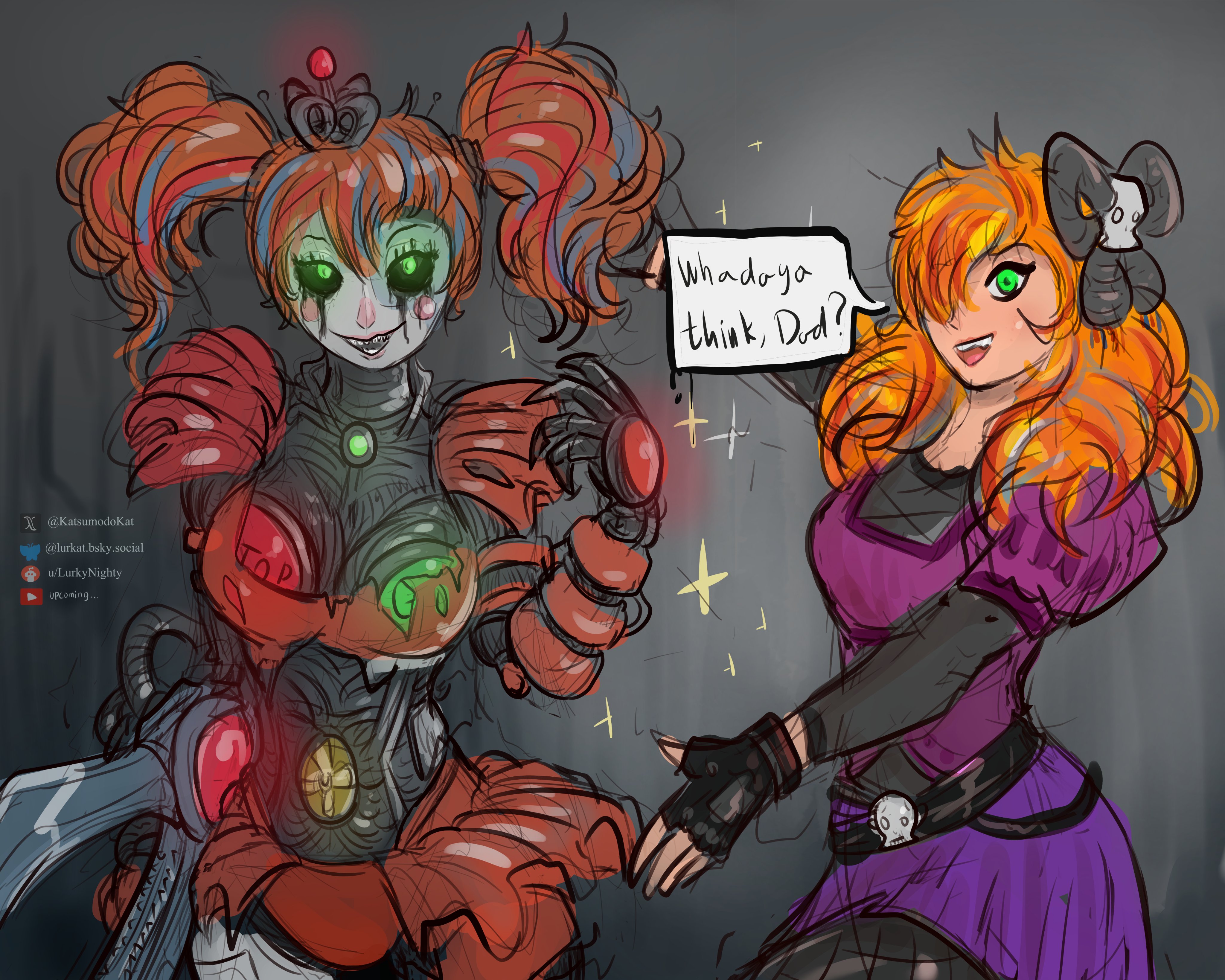2girls, aged up, animatronic, animatronic female, black sclera, blush, bow, breasts, dress, elizabeth afton, female, female human, fishnets, five nights at freddy's, gloves, glowing eyes, glowing nipples, green eyes, long hair, long sleeves, orange hair, presenting, robot, robot girl, robot humanoid, scrap baby, sharp teeth, shoulder pads, skirt, slim waist, speech bubble, tagme, text, thick thighs, tied hair, topwear, white face, wide hips