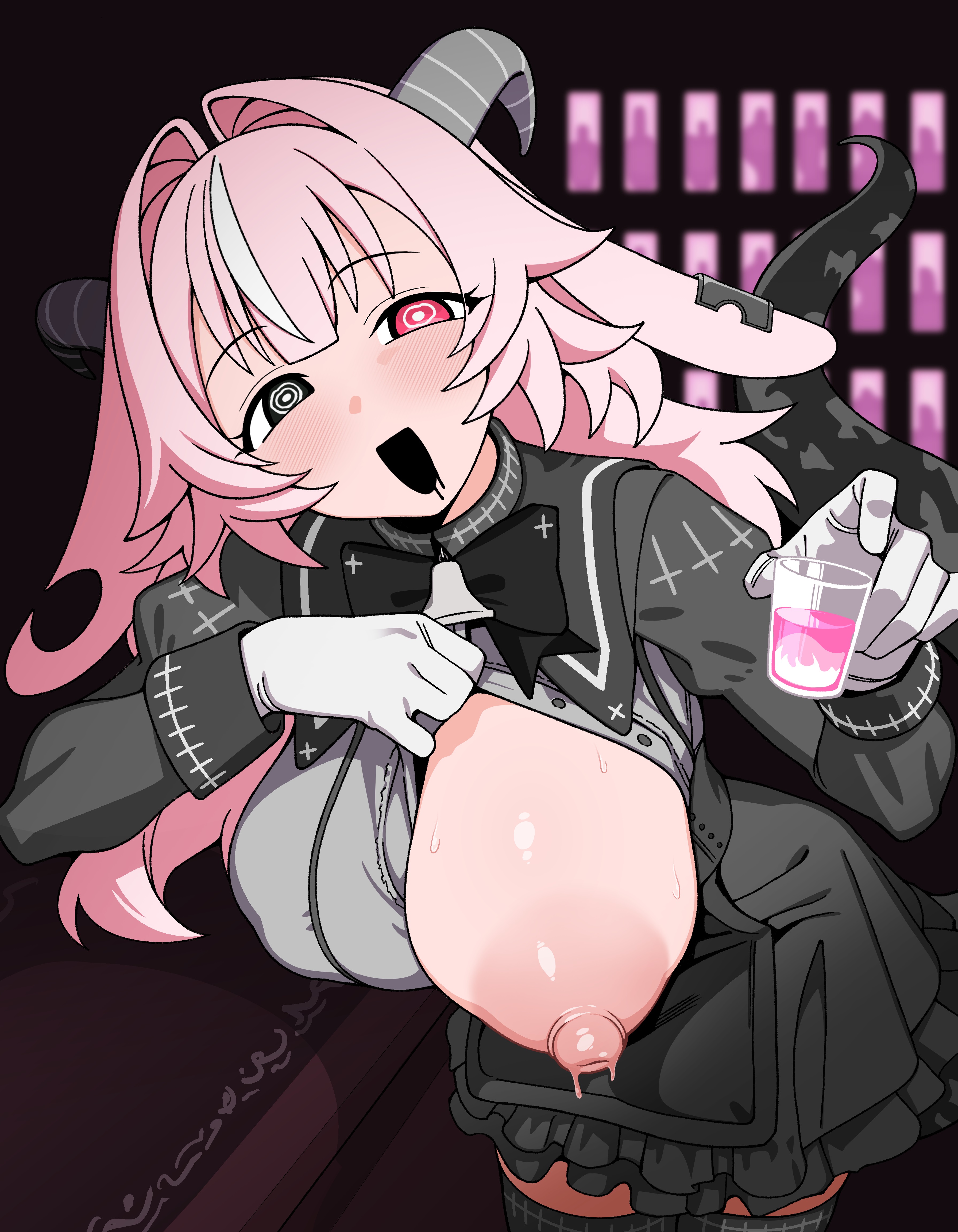 :d, 2 horns, absurd res, animal ears, areola, backward-facing horns, bell, big breasts, black bottomwear, black bow tie, black clothing, black ear ring, black eyes, black horn, black legwear, black mouth, black saliva, black skirt, black stockings, black tail, blush, blush lines, bodily fluids, bottomwear, bovid horn, bow tie, breasts, caprine horn, clothing, colored saliva, container, cup, demon, demon humanoid, drinking glass, dripping, drunken goddess reflux, ear piercing, exposed breasts, female, femme soule, floppy ears, glass, glass container, glass cup, glistening, glistening breasts, gloves, goat ears, goat horn, grey horn, grey spots, hair, handwear, heterochromia, hi res, highlights (coloring), hiyoko spot, hole in ear, horn, huge breasts, humanoid, inside, leaning, leaning forward, legwear, lizard tail, long hair, looking at viewer, markings, neck bell, nipple outline, nipples, notched ear, one breast out, open mouth, piercing, pink ears, pink eyes, pink hair, pink liquid, pukey goddess shot trick, pupils, saliva, saliva drip, saliva on face, shot glass, skirt, smile, solo, spots, spotted markings, spotted tail, stockings, sweat, sweatdrop, sweaty breasts, sweaty nipples, tail, tail markings, thick tail, unusual bodily fluids, unusual saliva, white clothing, white gloves, white handwear, white highlights, white pupils
