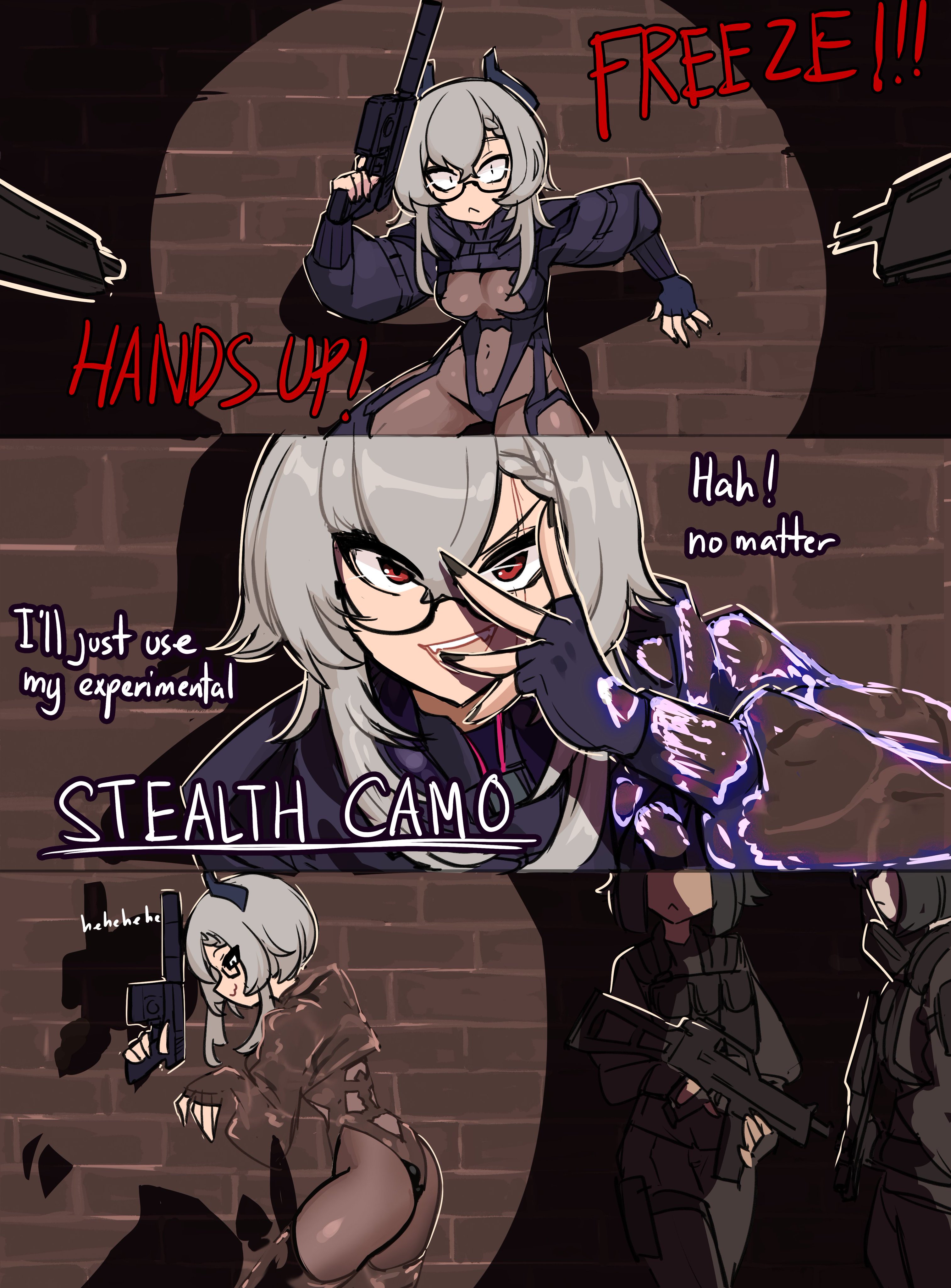 armor, ass, butt plug, centurii-chan, funny, glasses, gray hair, gun, humor, invisible, military, partially invisible, red eyes, saruei (vtuber), shadow, tagme, virtual youtuber, vtuber