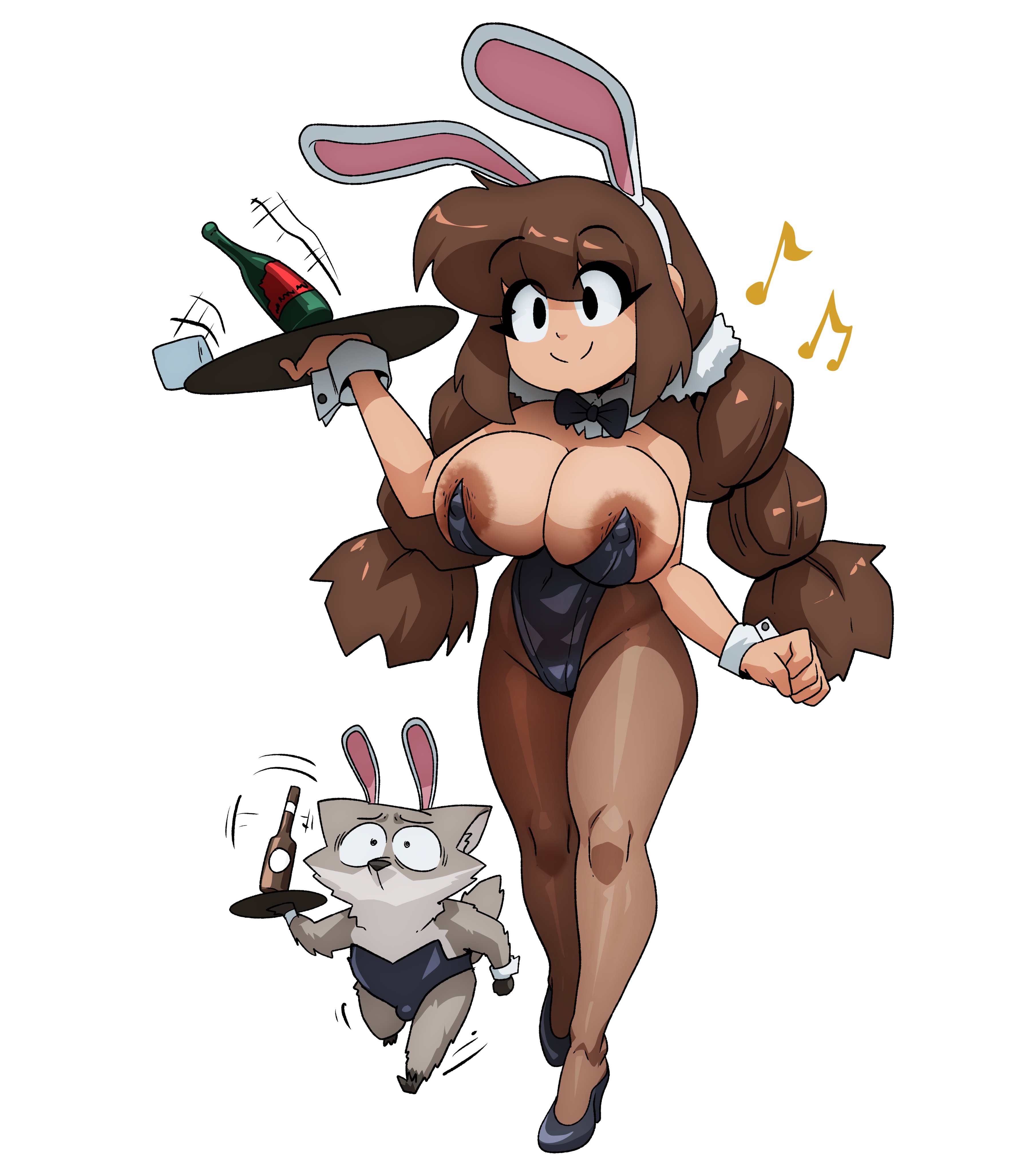areola slip, areolae, black eyes, breasts, brown hair, bunny ears, bunny girl, bunnysuit, carlos (inker comics), coolerinker, huge breasts, inker comics, inkershike, large breasts, mona (inker comics), nipple slip, nipples, smile, thick thighs, twintails