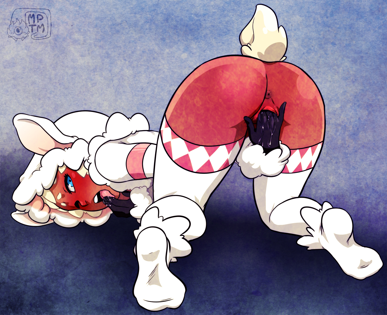 animal ears, anus, black gloves, blue eyes, bottomless, breasts, bunny and fox world, dark skin, elbow gloves, female, fingering, full-face blush, fur, gloves, hood, hoodie, looking back, masturbation, my pet tentacle monster, naked gloves, naked stockings, open mouth, original, pussy, pussy juice, saliva, sheep ears, shephira, stockings, tail, thighhighs, tongue, top-down bottom-up, white fur, white hair, white legwear, wince