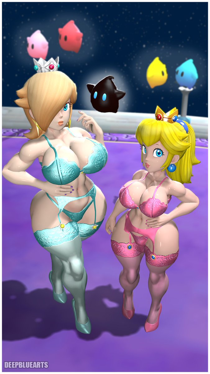 2girls, 3d, 3d (artwork), big breasts, big thighs, blonde hair, blue eyes, bra, breasts, cleavage, crown, curvy, deepbluearts, earrings, female, female focus, garter, hair over one eye, hand on hip, heels, high heels, kabalmystic (style), light skin, light-skinned female, lingerie, lips, lipstick, long hair, looking at viewer, luma, mario (series), nail polish, nintendo, panties, pink lipstick, pink nail polish, pink nails, platinum blonde hair, ponytail, princess peach, princess rosalina, purple nail polish, purple nails, size difference, star earrings, stockings, thick, thick hips, thick thighs, thighhighs, thighs, tied hair, wide hips