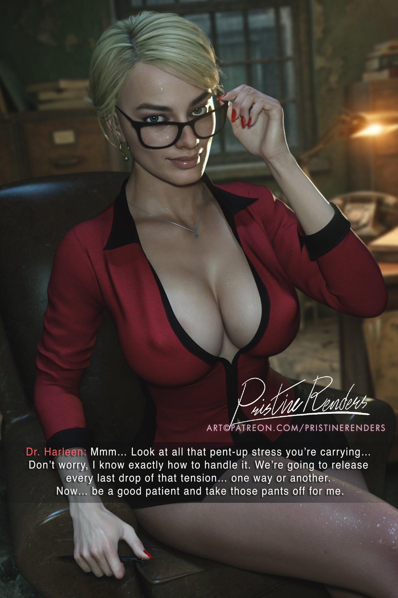 1girls, 3d, 3d (artwork), batman (series), big breasts, big thighs, blonde female, blonde hair, blue eyes, breasts, cleavage, curvaceous, curvy, curvy figure, dc comics, dc extended universe, dr. harleen quinzel, english text, female, female only, glasses, harleen quinzel, harley quinn, harley quinn (classic), hips, hourglass figure, huge breasts, imminent sex, injustice 2, large breasts, legs, light skin, light-skinned female, margot robbie, mature, mature female, offscreen male, pristinerenders, slim waist, solo, solo female, text, thick, thick hips, thick legs, thick thighs, thighs, voluptuous, waist, wide hips