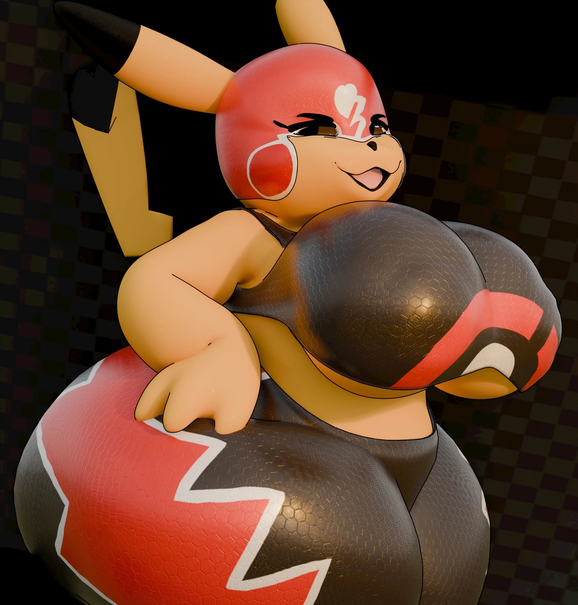 blush, breasts, brown eyes, cosplay pikachu, crop top, hands on hips, headgear, huge ass, huge breasts, large breasts, leggings, mask, palmtreerothic, pikachu, pikachu libre, pokemon, pokemon (species), shortstack, slim waist, smile, tagme, tail, thick female, thick thighs, thunder thighs, tight clothing, underboob, wide hips, yellow body
