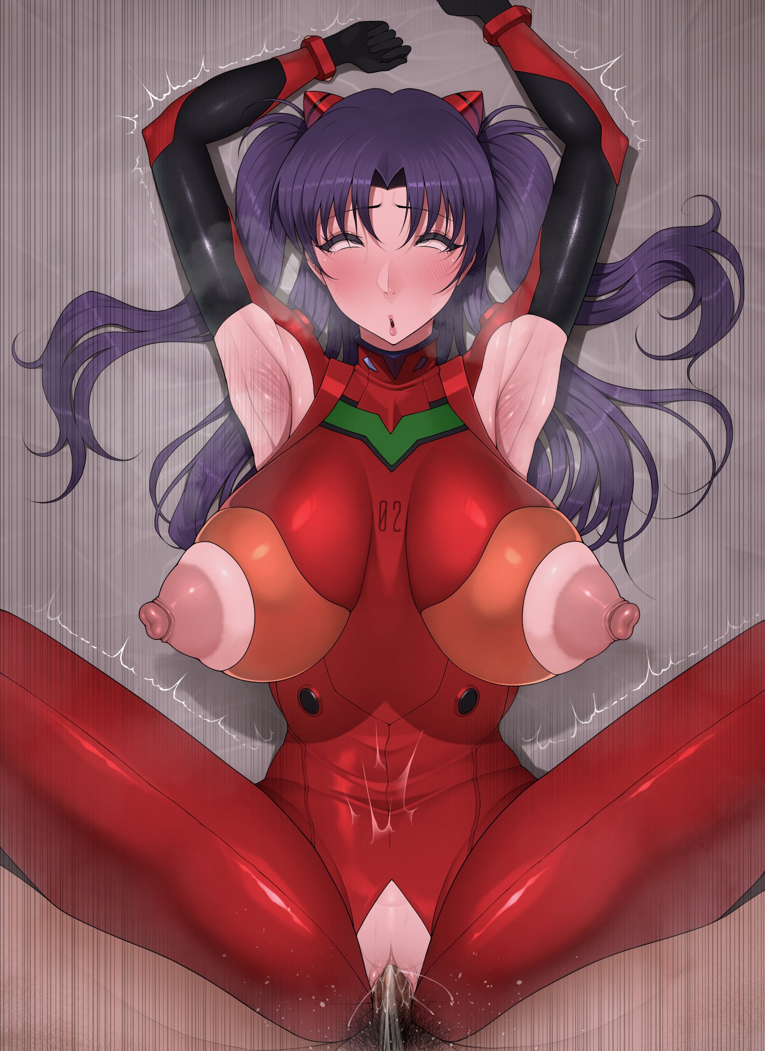 ahegao, armpits, arms up, asuka langley sohryu (cosplay), blushing, boobhole, boobs cut out, boobs out, breast hole, breasts out, cosplay, costume, cum, cut out costume, dark-skinned male, exhausted, hole in shirt, massive breasts, misato katsuragi, missionary, neon genesis evangelion, pubic hair, puritika, shaking