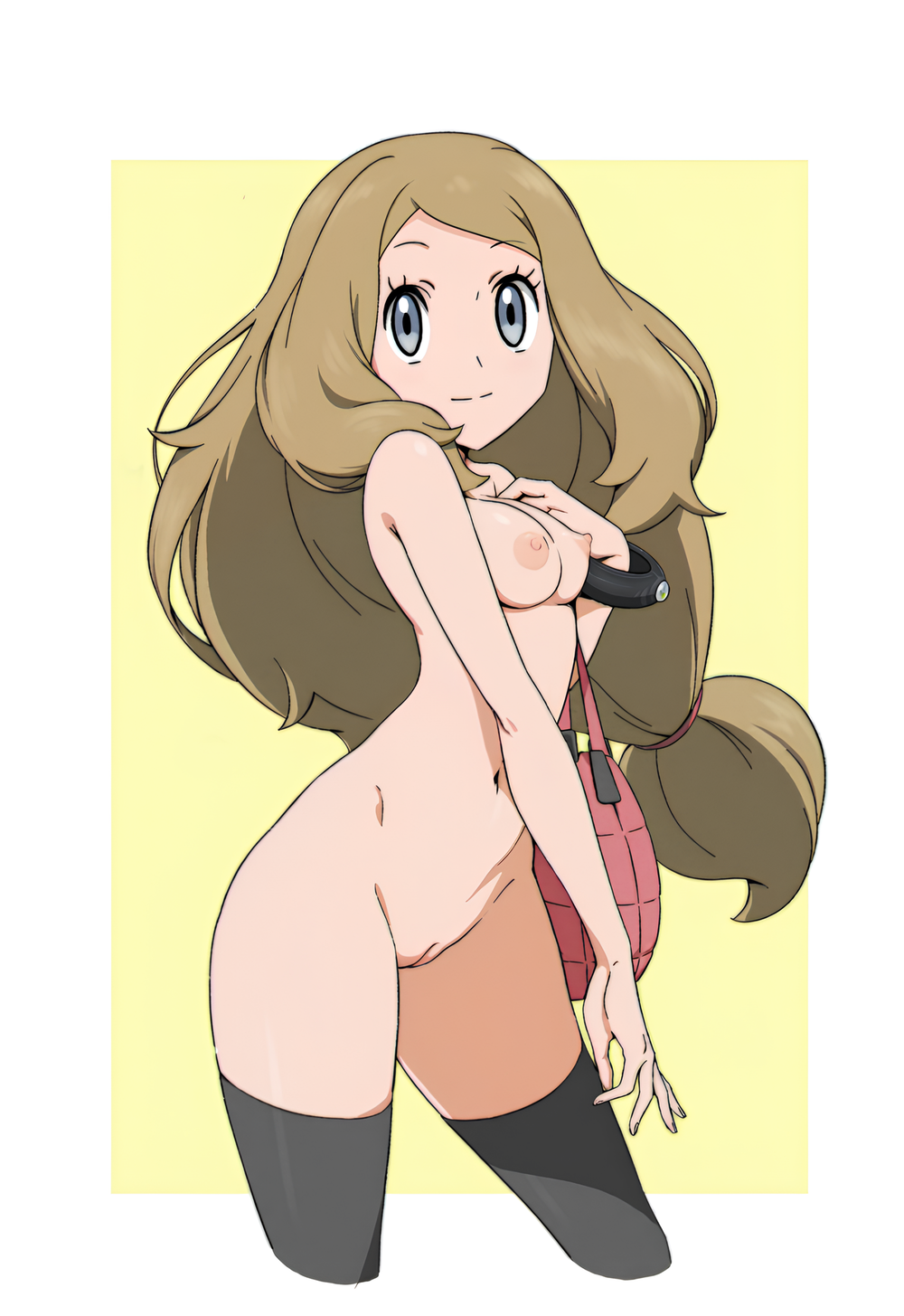 1girls, areolae, artist request, black legwear, black thighhighs, blonde hair, border, breasts, edited, female, female only, hi res, human, human only, ia (ilwmae9n), light skin, light-skinned female, long hair, looking at viewer, navel, nipples, nude, nude female, outside border, pokemon, pokemon xy, pussy, serena (pokemon games), serena (pokemon), sexy, simple background, smile, solo, thighhighs, thighs, very long hair, white border