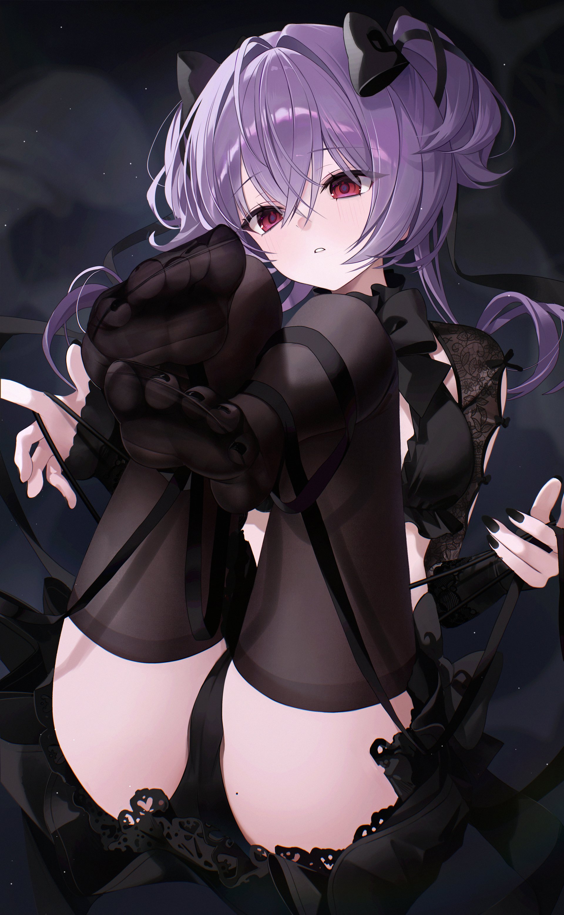 1girls, ass, black bow, black nails, black panties, black thighhighs, black toenails, blush, bow, expressionless, feet, feet up, foot fetish, foot focus, goddess of victory: nikke, hair bow, liberalio (dreaming lake) (nikke), liberalio (nikke), looking at viewer, mole, mole on ass, myowa, official alternate costume, panties, parted lips, purple hair, red eyes, soles, solo, thighhighs, toes