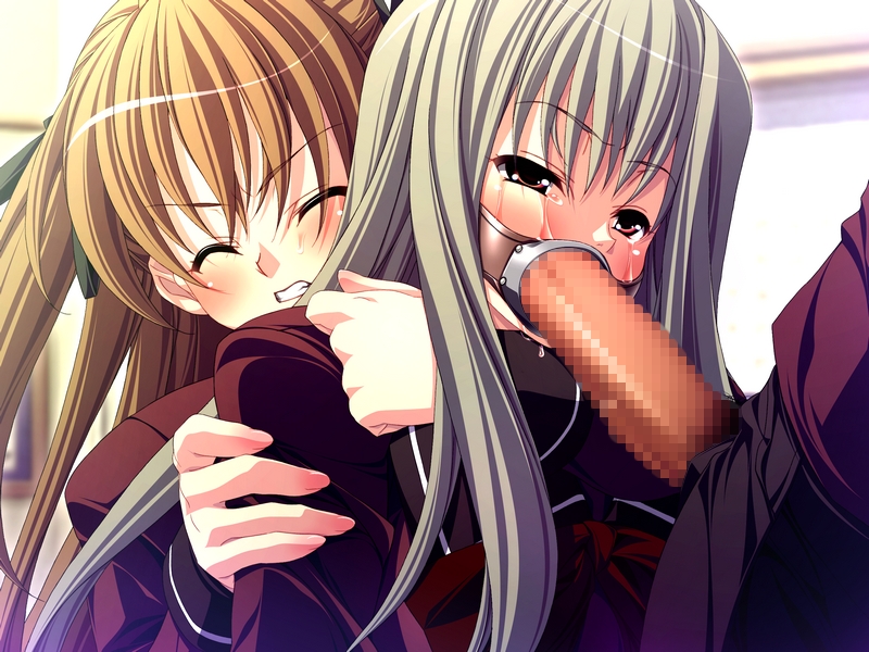 2girls akaten assisted_rape bi_domination bisexual blush bondage brown_eyes brown_hair censored dieselmine fellatio forced gag kurozumi_kirie motto!_seieki_tairyou_chuunyuu! multiple_girls open_mouth_gag oral penis rape red_eyes ring_gag school_uniform silver_hair sugimoto_aiko tears