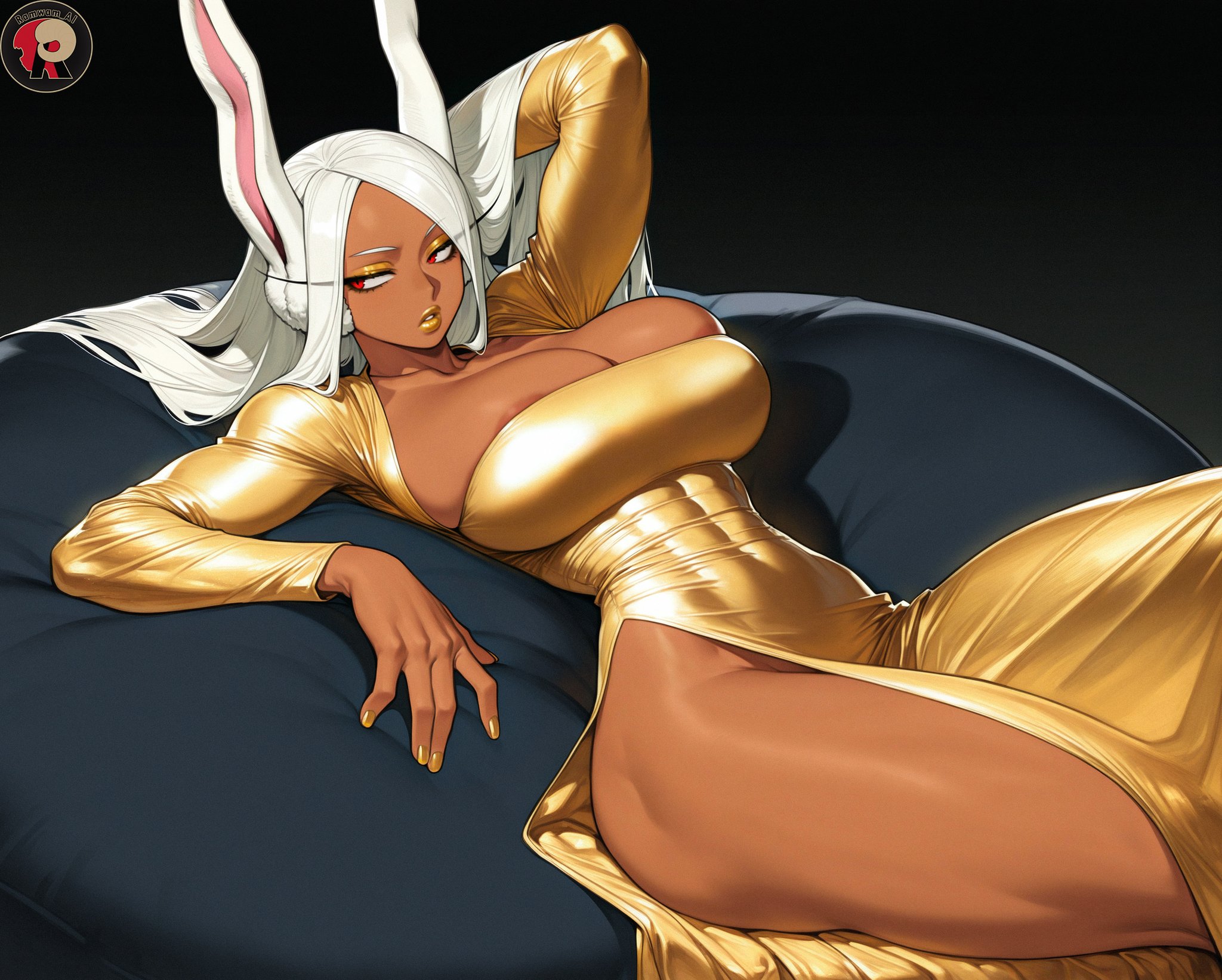 1girls, abs, ai generated, bare shoulders, big breasts, clothed, clothing, color, dark skin, dark skinned female, dress, female, female focus, female only, fit female, golden dress, hi res, large breasts, laying down, long hair, miruko, muscles, muscular, muscular female, my hero academia, ramwam, red eyes, rumi usagiyama, solo, solo female, thick thighs, white hair