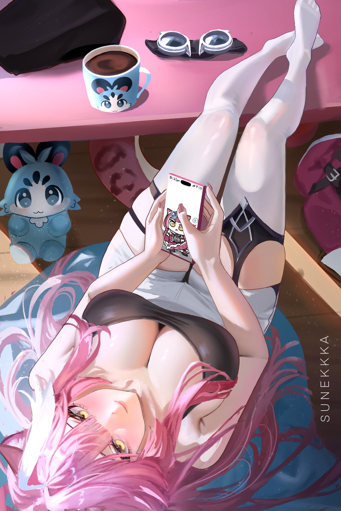 :<, 1girl, animal ears, artist name, artist request, bare arms, bare shoulders, beret, black hat, black tank top, blush, breasts, cellphone, chattino (raora panthera), cleavage, closed mouth, coat, commentary, cup, cushion, english commentary, eyeshadow, fan mascot (vtuber), fingernails, from above, goggles, hair intakes, hat, highres, holding, holding phone, hololive, hololive english, large breasts, legs up, long hair, looking at viewer, makeup, mug, multicolored hair, nail polish, panther ears, panther girl, panther tail, phone, pink coat, pink eyeshadow, pink hair, pink lips, pink nails, pink tail, raora panthera, raora panthera (1st costume), shorts, smartphone, smile, streaked hair, sunekka, table, tail, tank top, thighhighs, thighs, unworn coat, unworn goggles, unworn hat, unworn headwear, virtual youtuber, white shorts, white thighhighs, wooden floor, yellow eyes