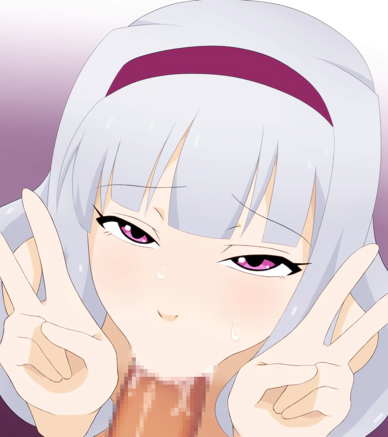 1boy :>= blush censored double_v erection fellatio female hair hairband idolmaster looking_at_viewer looking_up oral penis pink_eyes pov pov_eye_contact saliva shijou_takane shirogane813 silver_hair sweat v yamaneko_(shirogane813)