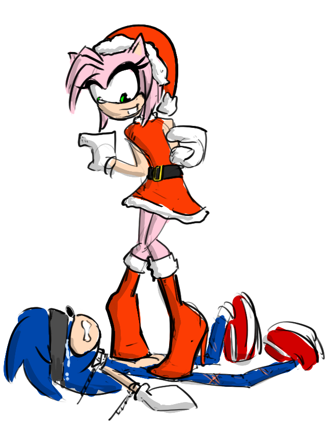 amy_rose anthro anthro_on_anthro anthro_only bondage boots celera_prime christmas_clothing christmas_hat christmas_headwear christmas_outfit dominant_female domination female femdom furry furry_only high_heel_boots high_heels male male/female red_boots sonic_(series) sonic_the_hedgehog sonic_the_hedgehog_(series) stepped_on trample trampling waist_belt