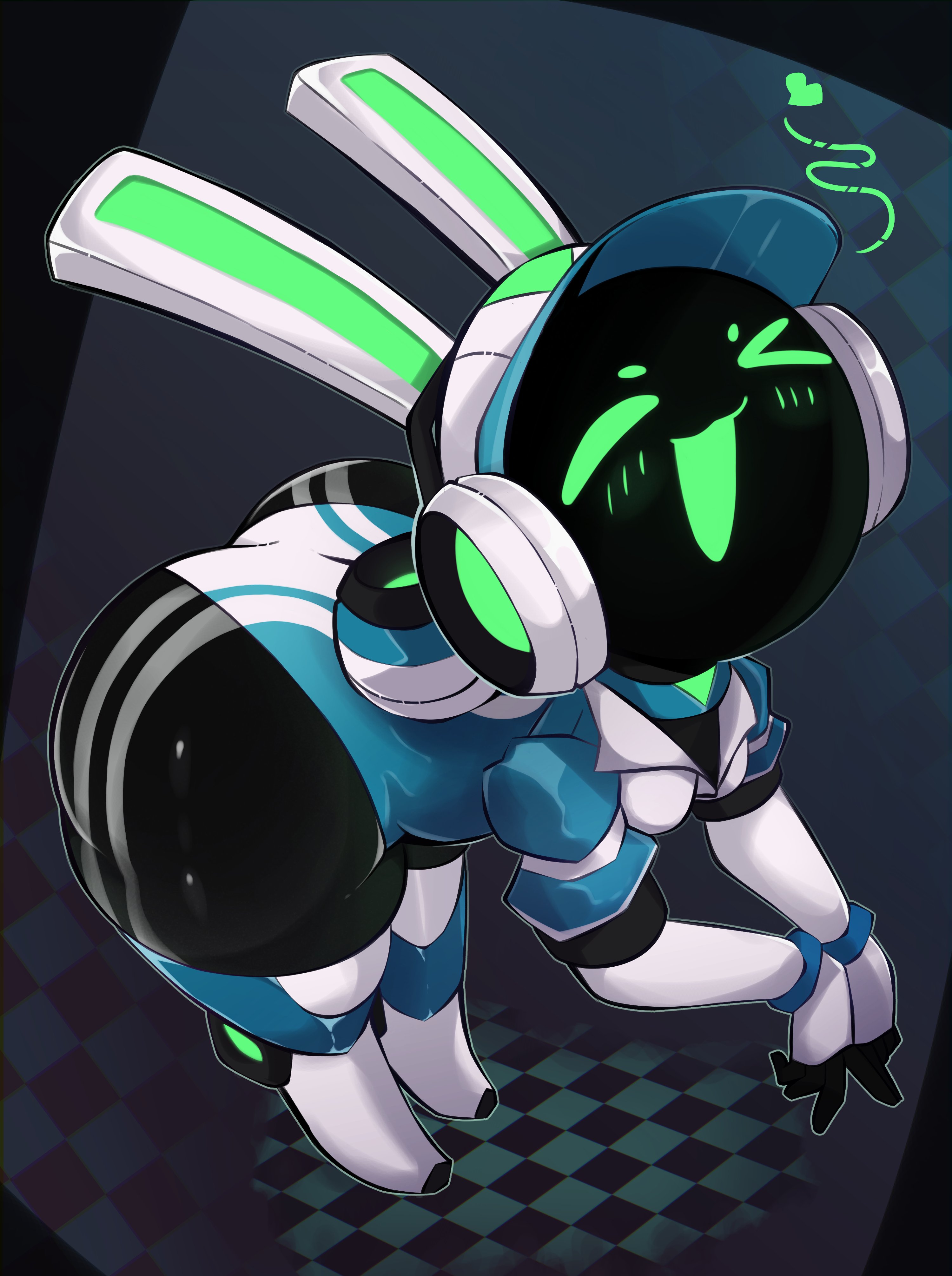 ass, bent over, big ass, bodysuit, bunny ears, cap, glowing eyes, green eyes, headgear, headphones, imerald , original, project turboblast, robot, robot girl, robot humanoid, screen face, slim waist, small breasts, tagme, tagme (character), tempo (project turboblast), thick thighs, viewed from above, voluptuous, wide hips