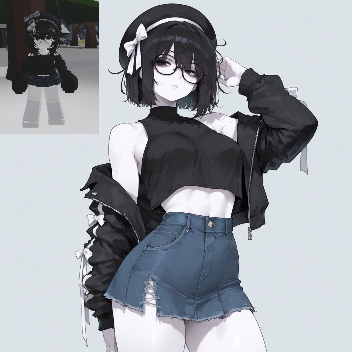 1girl, 1girls, 2026, 2d, ai assisted, ai generated, belly, beret, black eyes, black hair, cl4wny, commission, commission art, glasses, hat, jacket, jacket off shoulders, jean shorts, medium breasts, off shoulder, perfect body, pose, posing, roblox, roblox avatar, robloxian, short hair, skirt, slim waist, stomach, topwear, white body, white skin